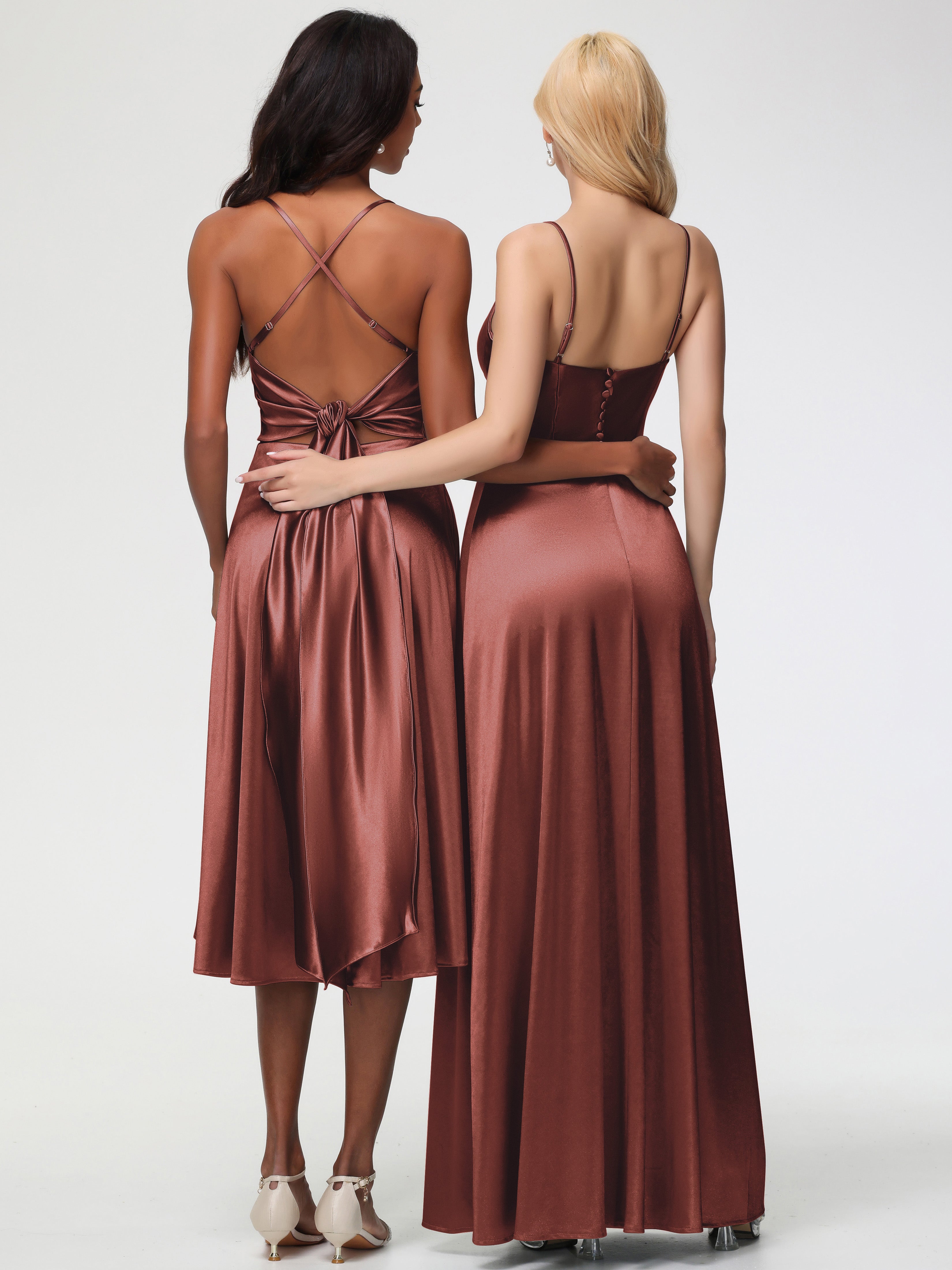 Robes De Demoiselle D'Honneur En Terre Cuite Bretelles Spaghetti Col Carré Fendue Trapèze Satin Extensible Robe De Demoiselle D'Honneur