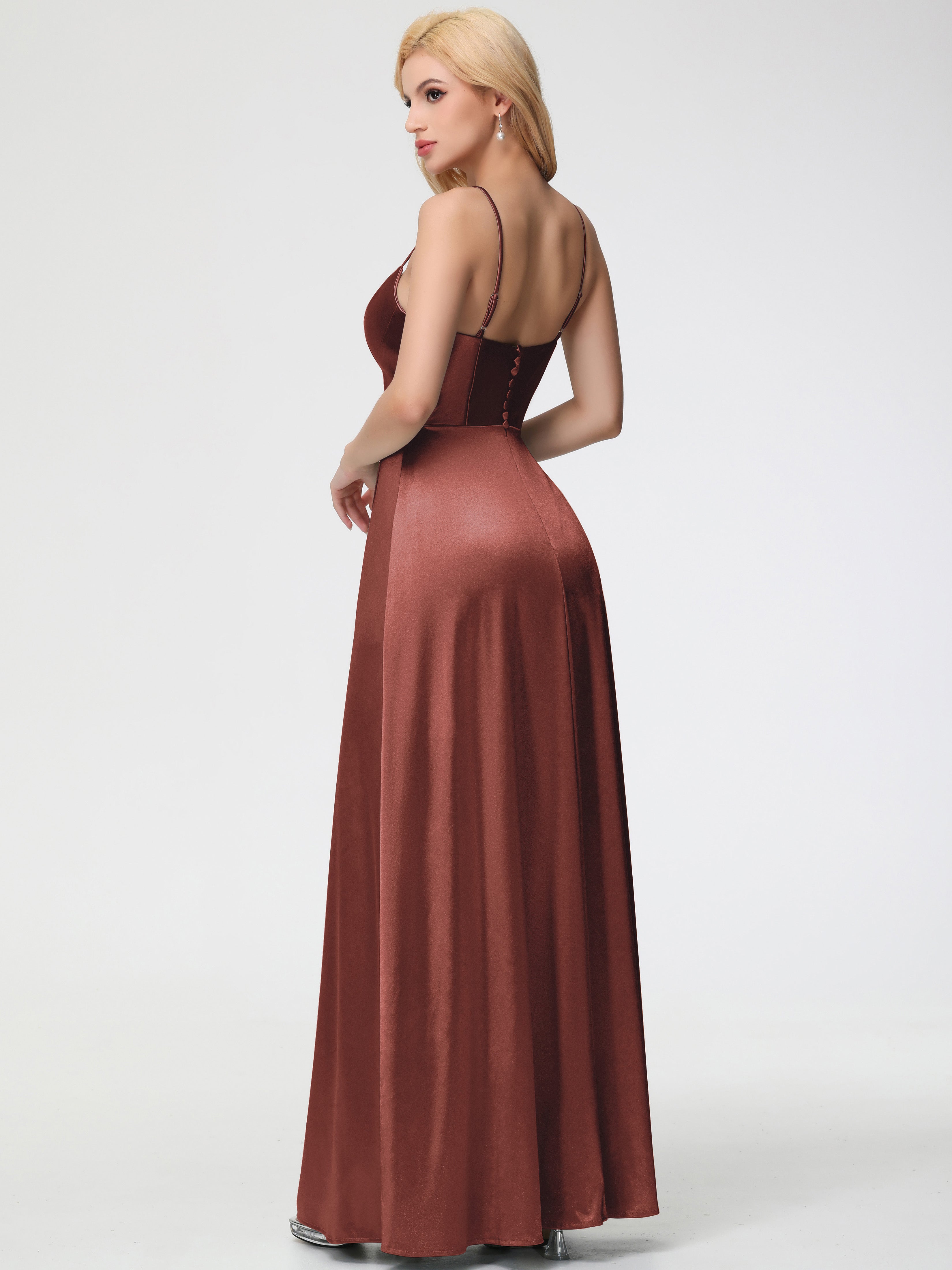 Robes De Demoiselle D'Honneur En Terre Cuite Bretelles Spaghetti Col Carré Fendue Trapèze Satin Extensible Robe De Demoiselle D'Honneur