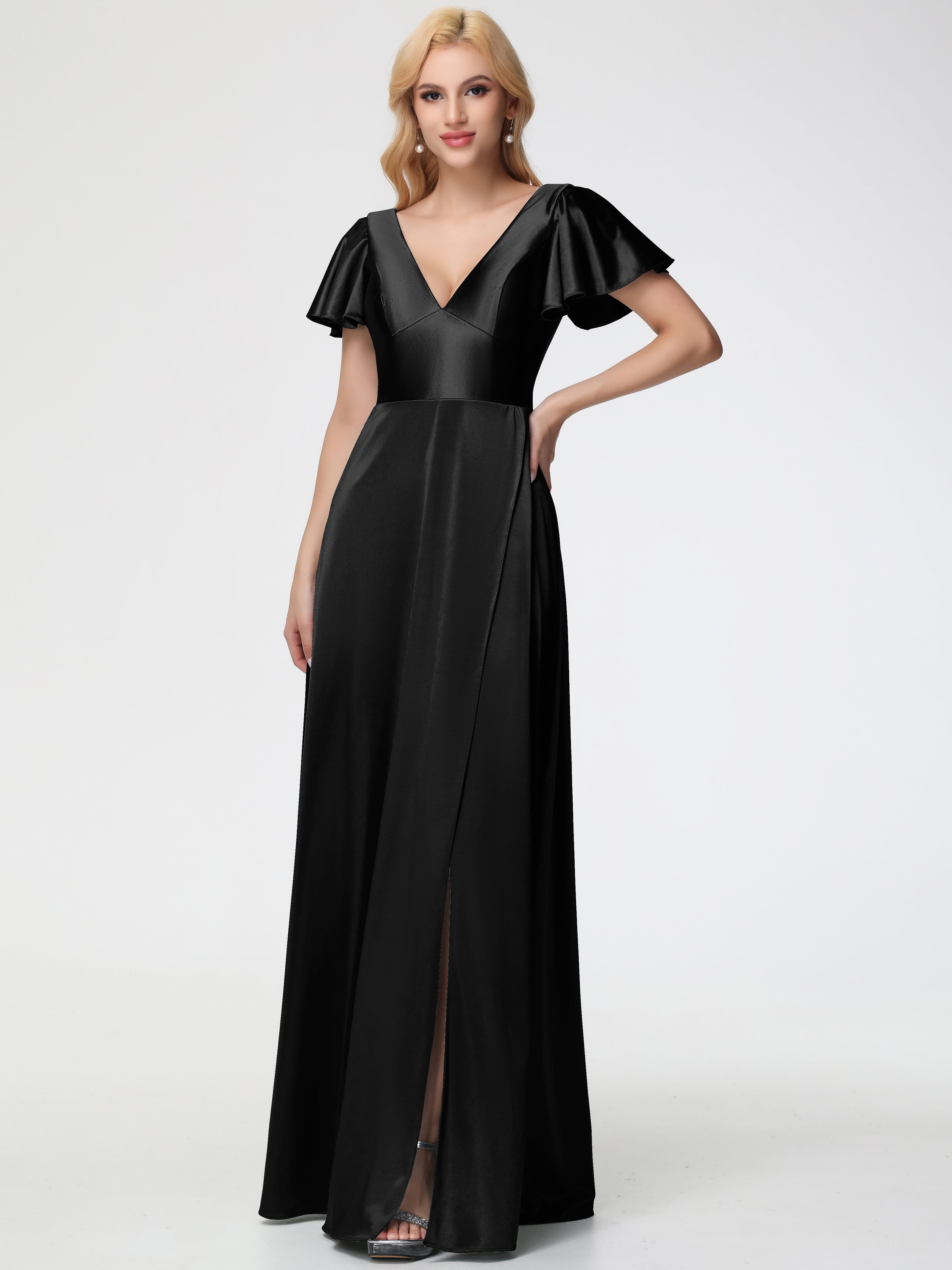 Robes De Demoiselle D'Honneur Noires Bon Marché Col V Manches à Volants Fendue Trapèze Satin Extensible Robe De Demoiselle D'Honneur