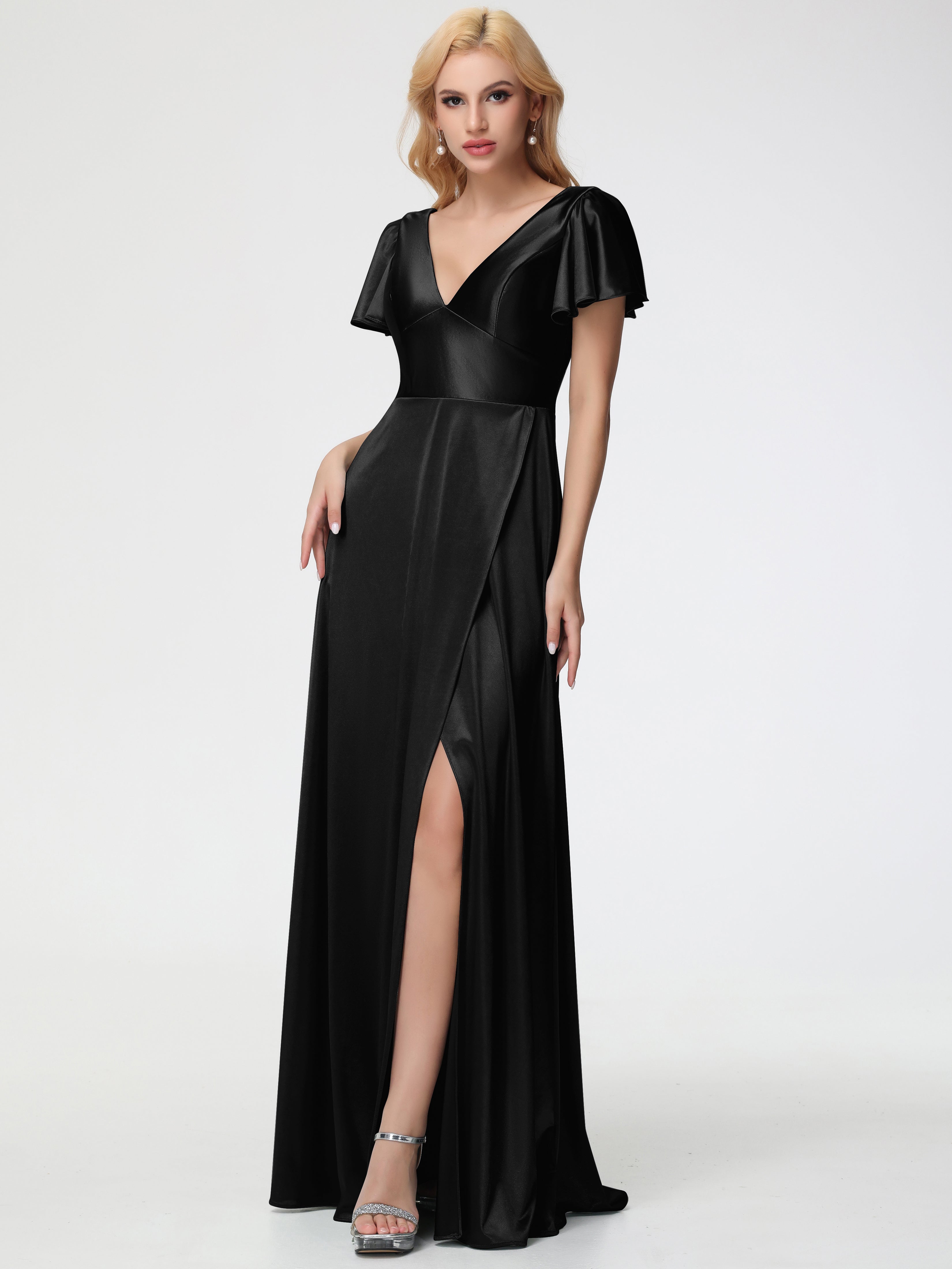 Robes De Demoiselle D'Honneur Noires Bon Marché Col V Manches à Volants Fendue Trapèze Satin Extensible Robe De Demoiselle D'Honneur