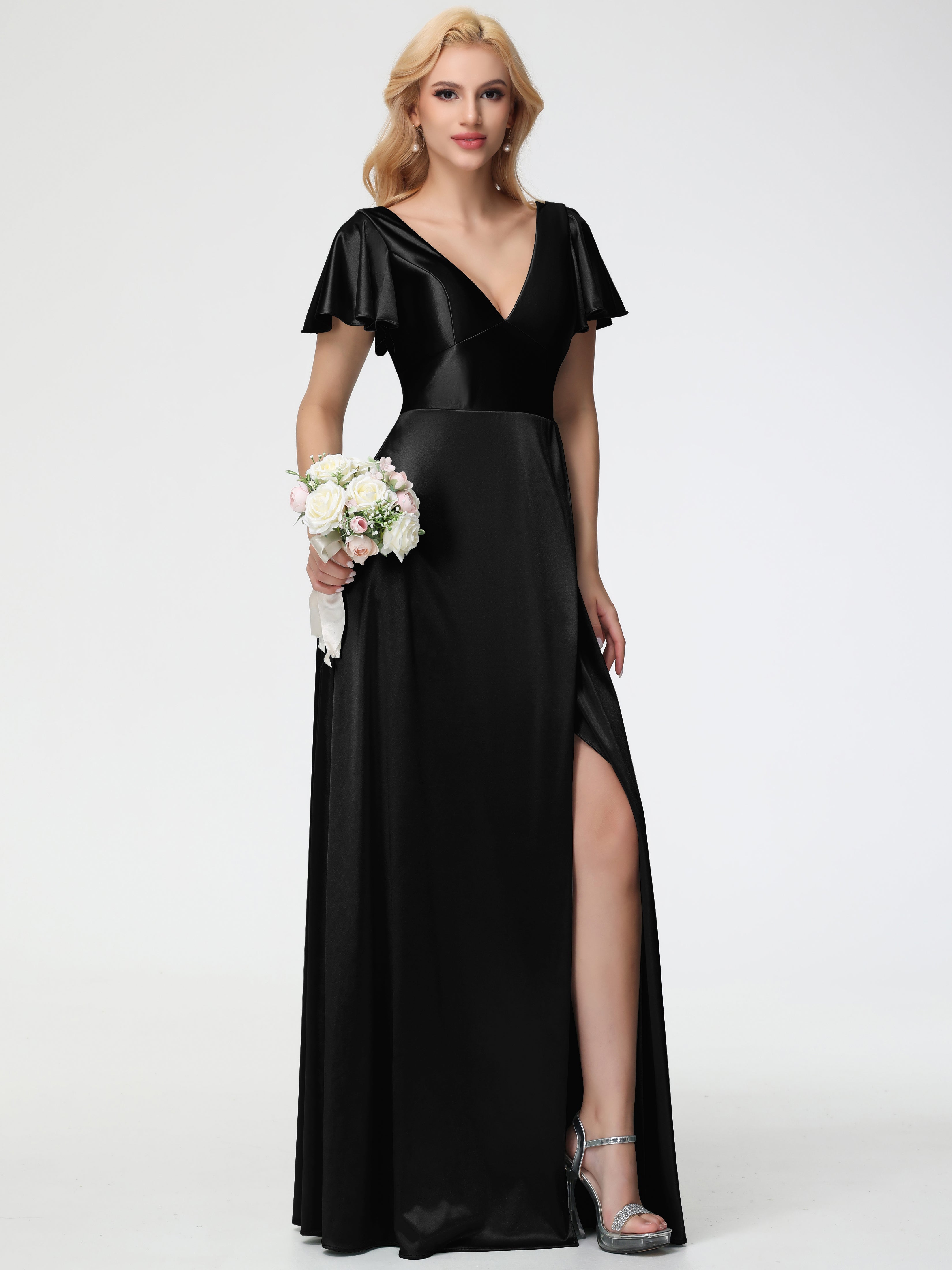 Robes De Demoiselle D'Honneur Noires Bon Marché Col V Manches à Volants Fendue Trapèze Satin Extensible Robe De Demoiselle D'Honneur