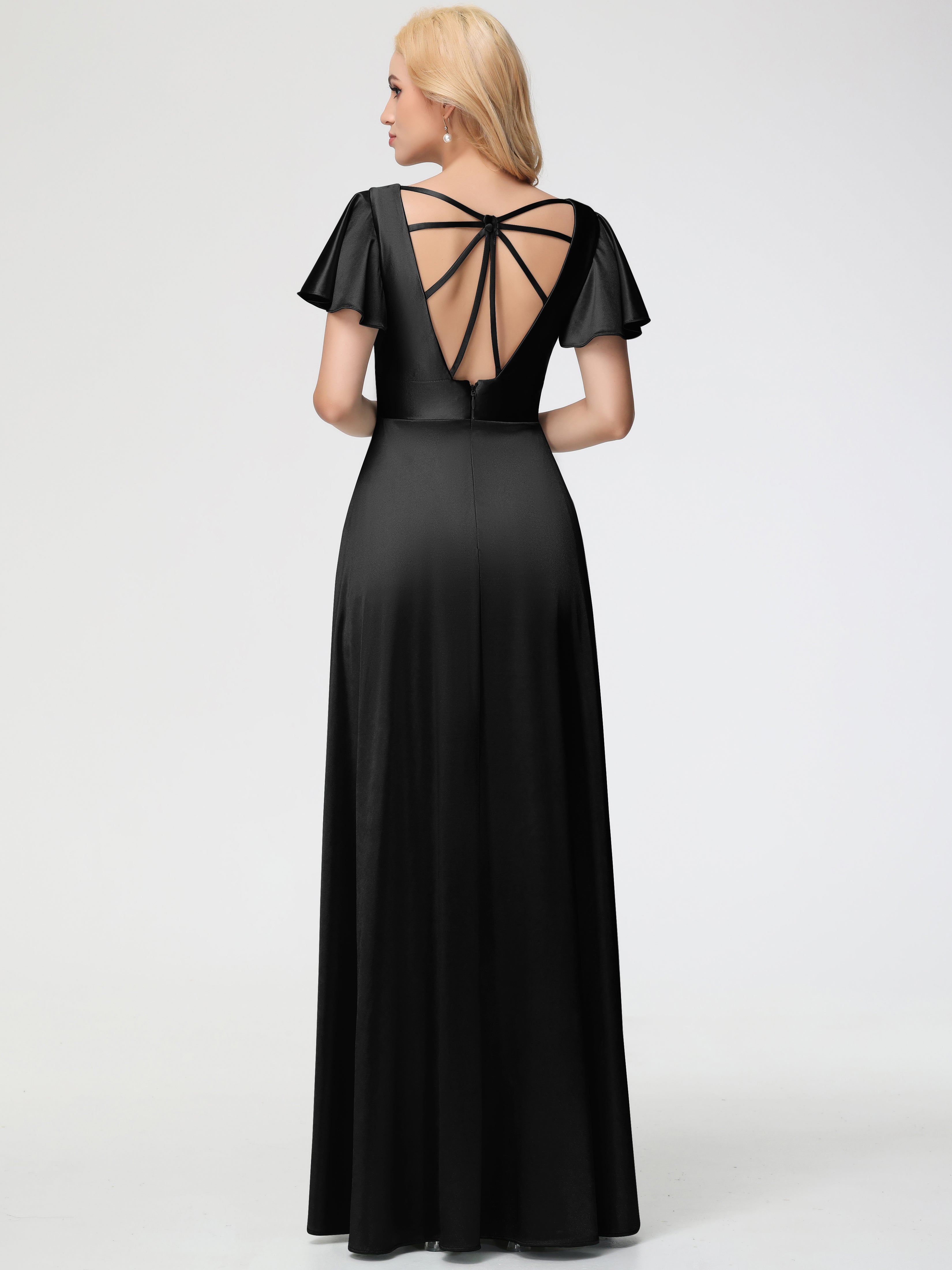 Robes De Demoiselle D'Honneur Noires Bon Marché Col V Manches à Volants Fendue Trapèze Satin Extensible Robe De Demoiselle D'Honneur