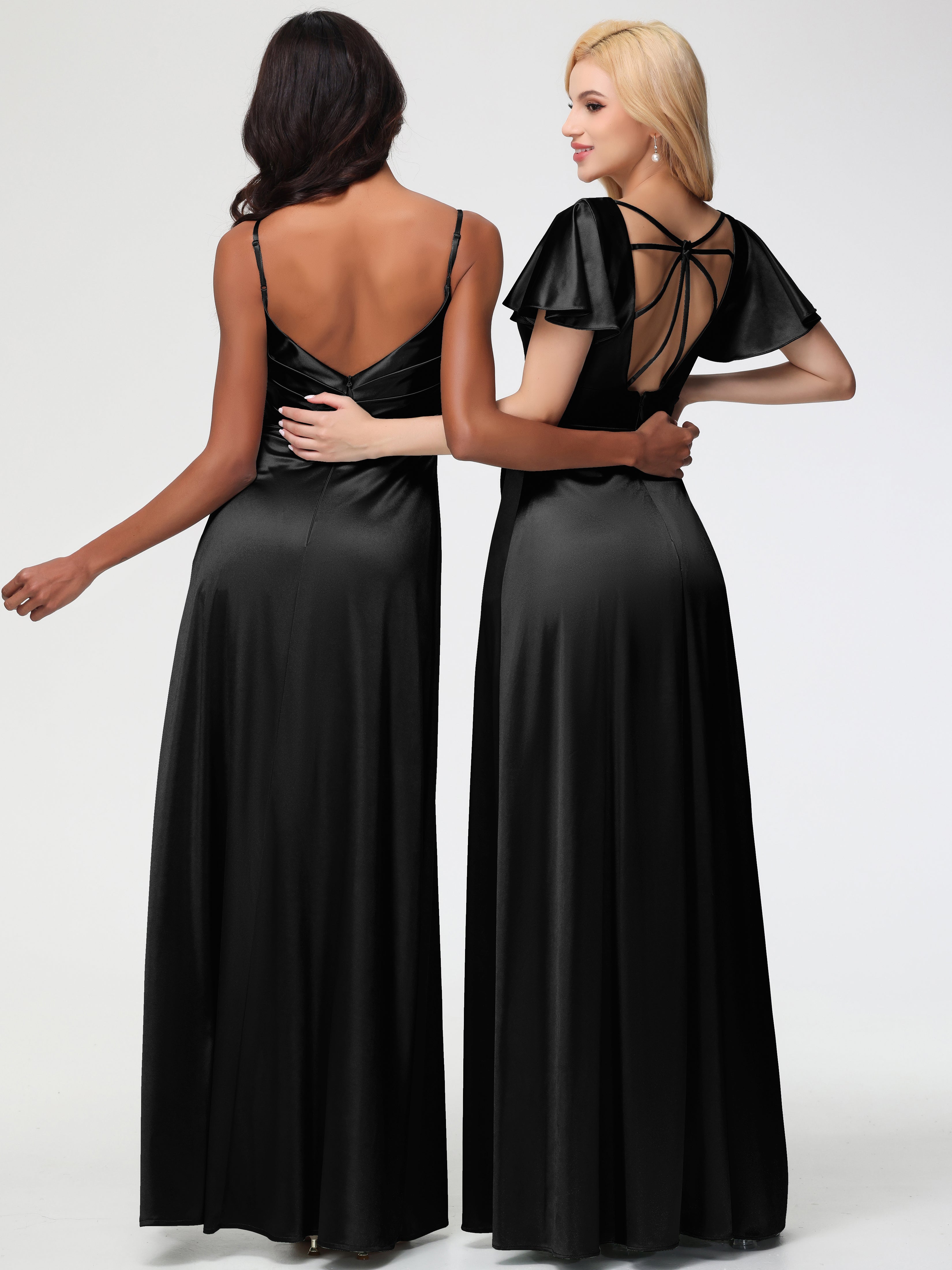 Robes De Demoiselle D'Honneur Noires Bon Marché Col V Manches à Volants Fendue Trapèze Satin Extensible Robe De Demoiselle D'Honneur