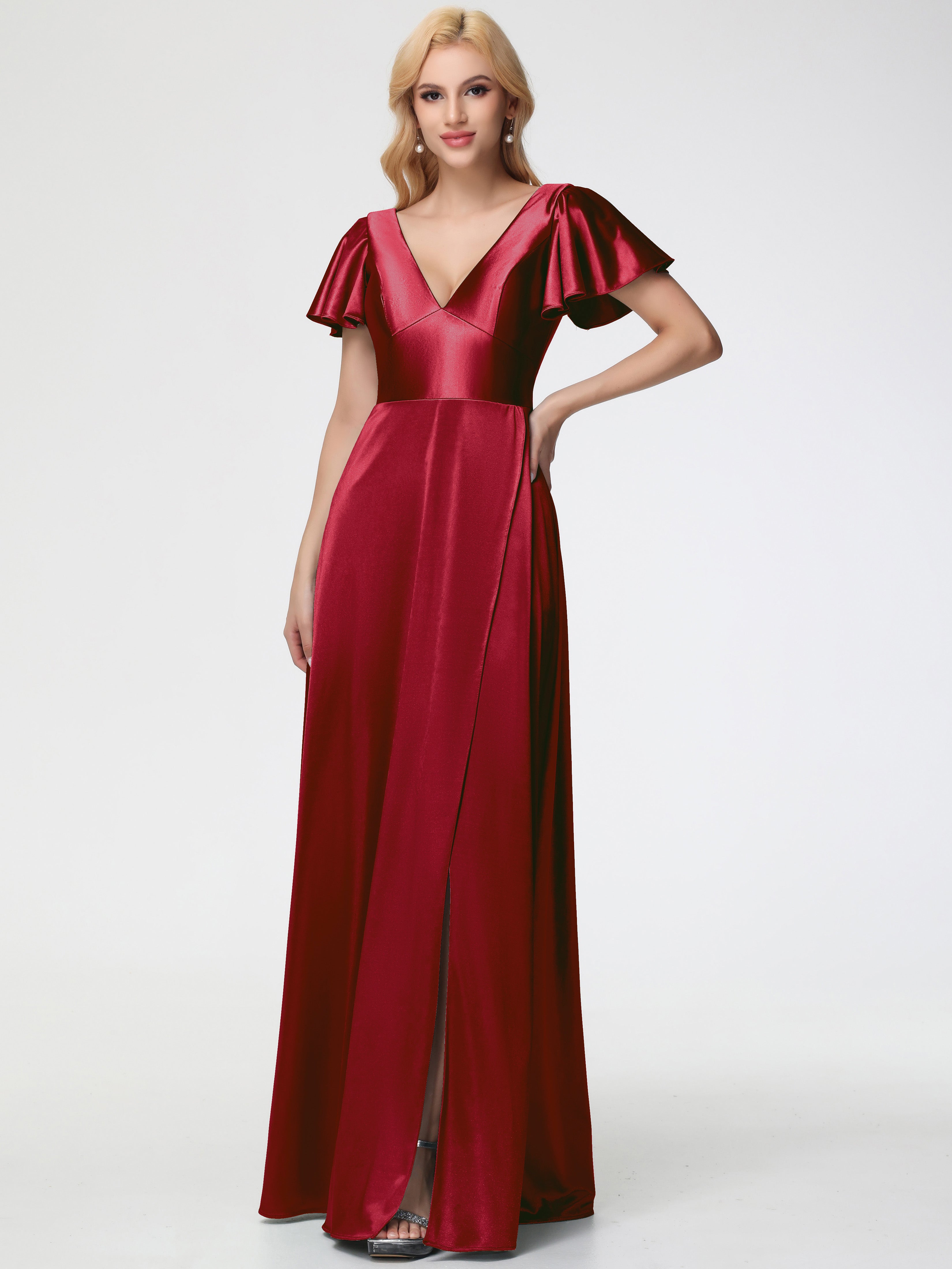 Robes De Demoiselle D'Honneur Rouge Bordeaux Col V Manches à Volants Fendue Trapèze Satin Extensible Robe De Demoiselle D'Honneur