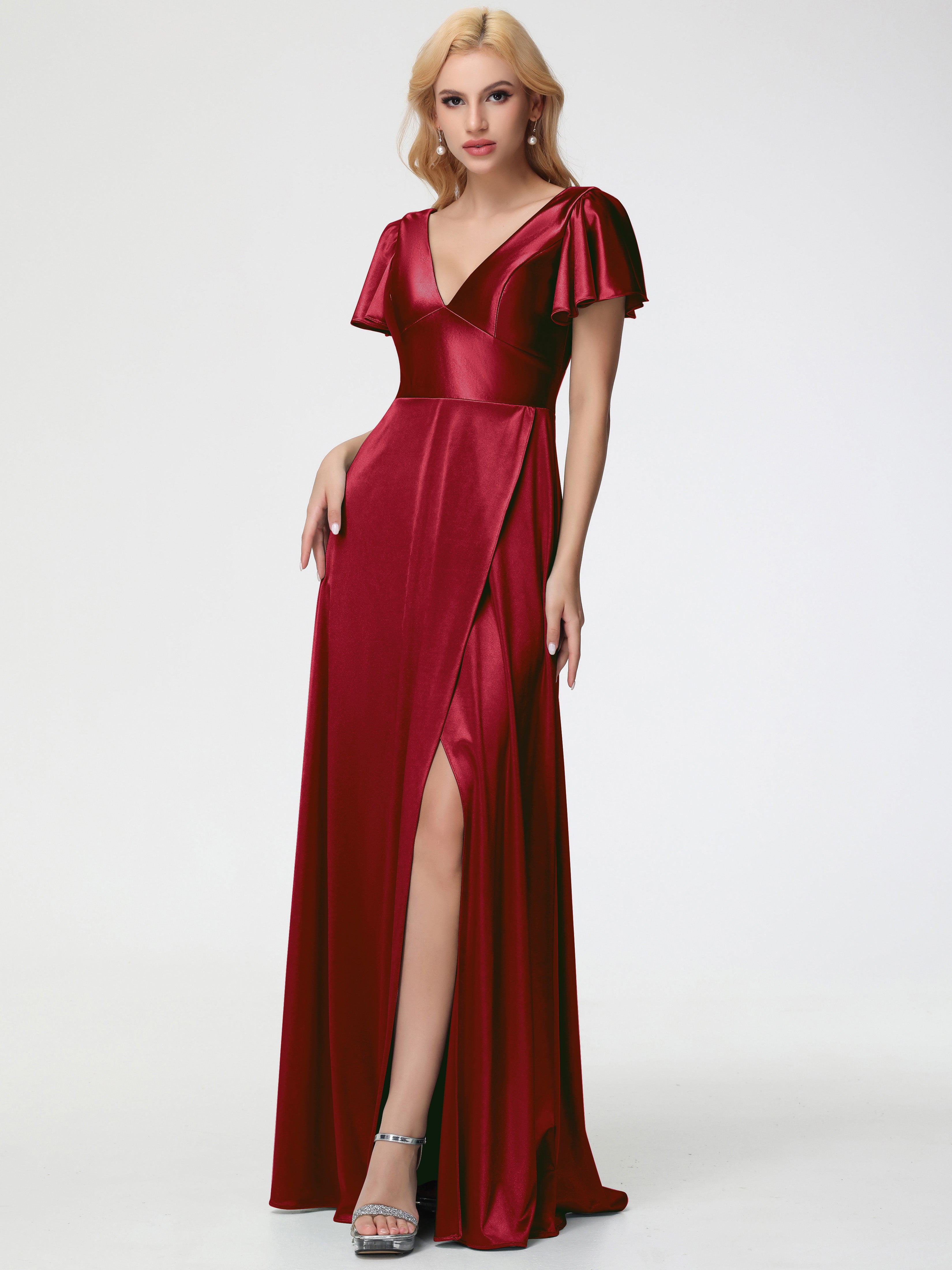 Robes De Demoiselle D'Honneur Rouge Bordeaux Col V Manches à Volants Fendue Trapèze Satin Extensible Robe De Demoiselle D'Honneur