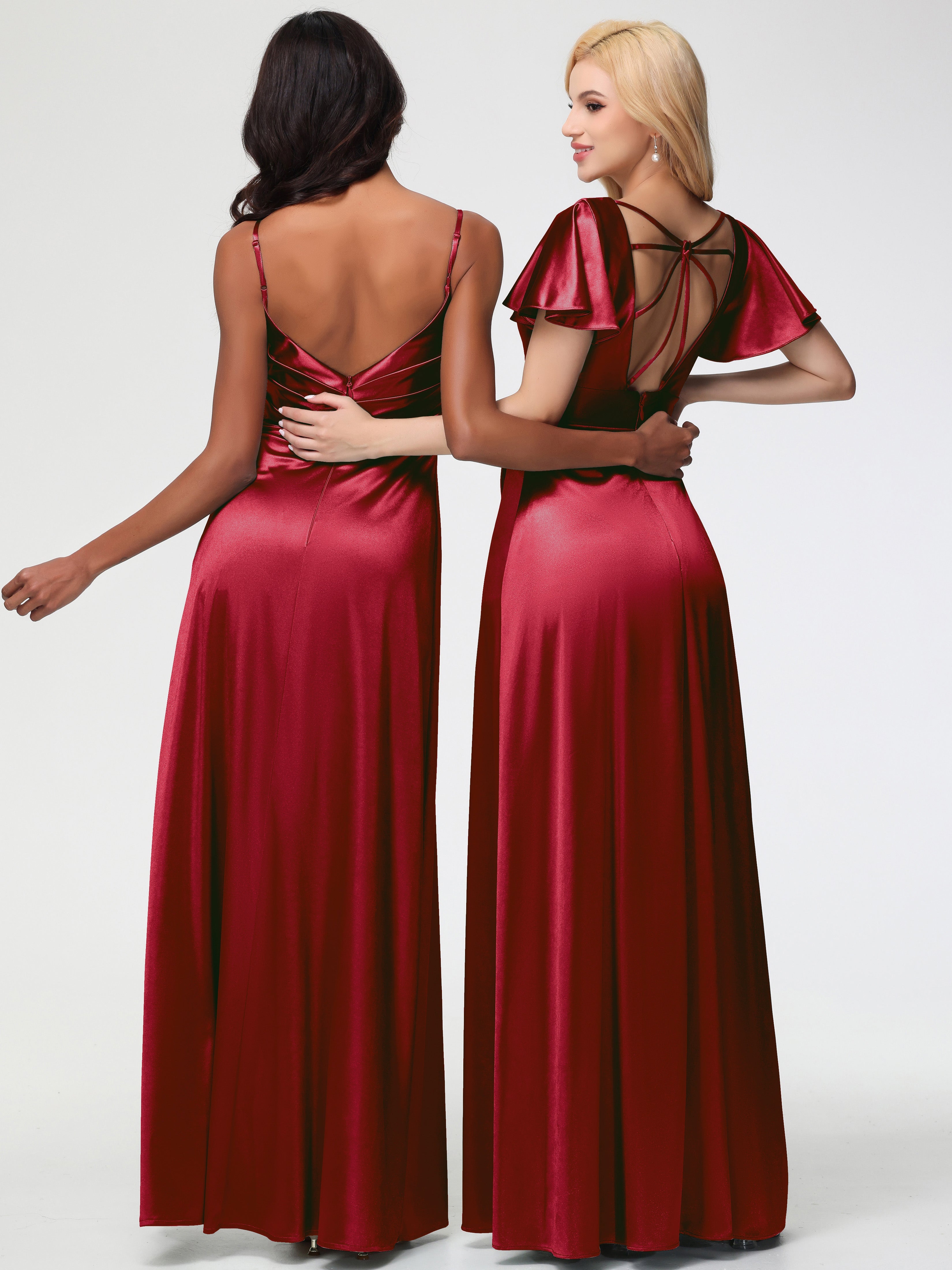 Robes De Demoiselle D'Honneur Rouge Bordeaux Col V Manches à Volants Fendue Trapèze Satin Extensible Robe De Demoiselle D'Honneur