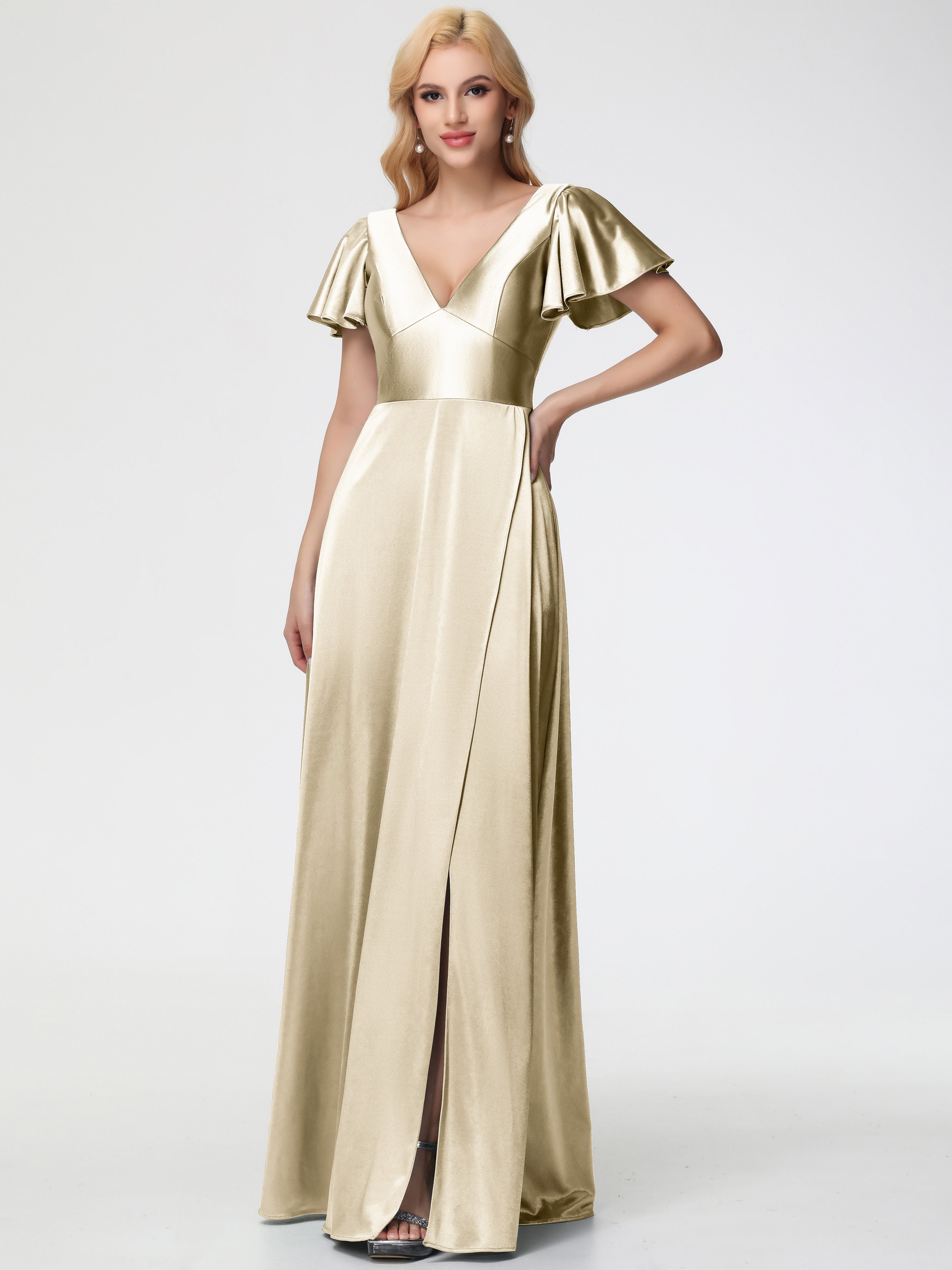 Robe De Demoiselle D'Honneur Champagne Col V Manches à Volants Fendue Trapèze Satin Extensible Robe De Demoiselle D'Honneur