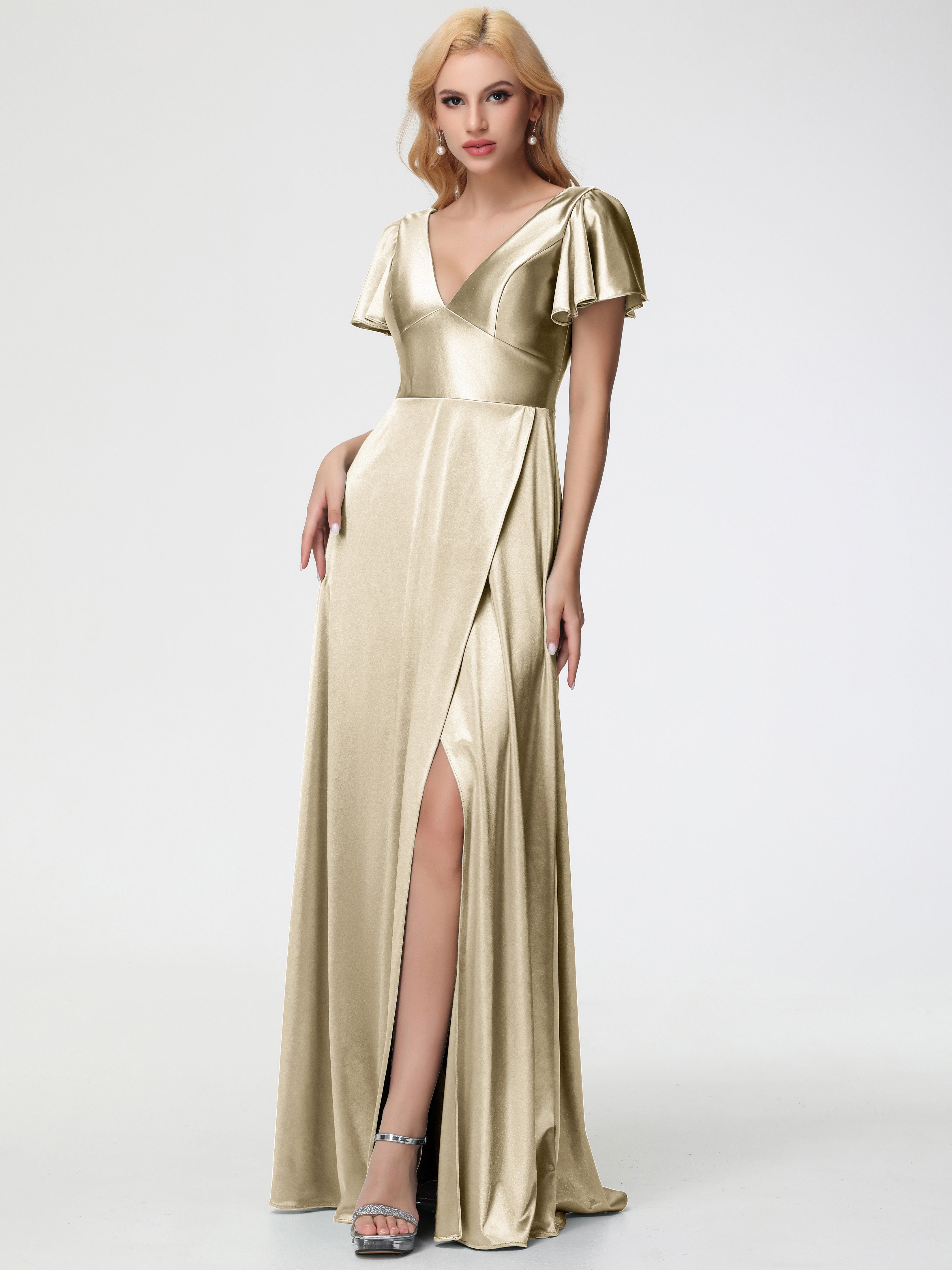 Robe De Demoiselle D'Honneur Champagne Col V Manches à Volants Fendue Trapèze Satin Extensible Robe De Demoiselle D'Honneur