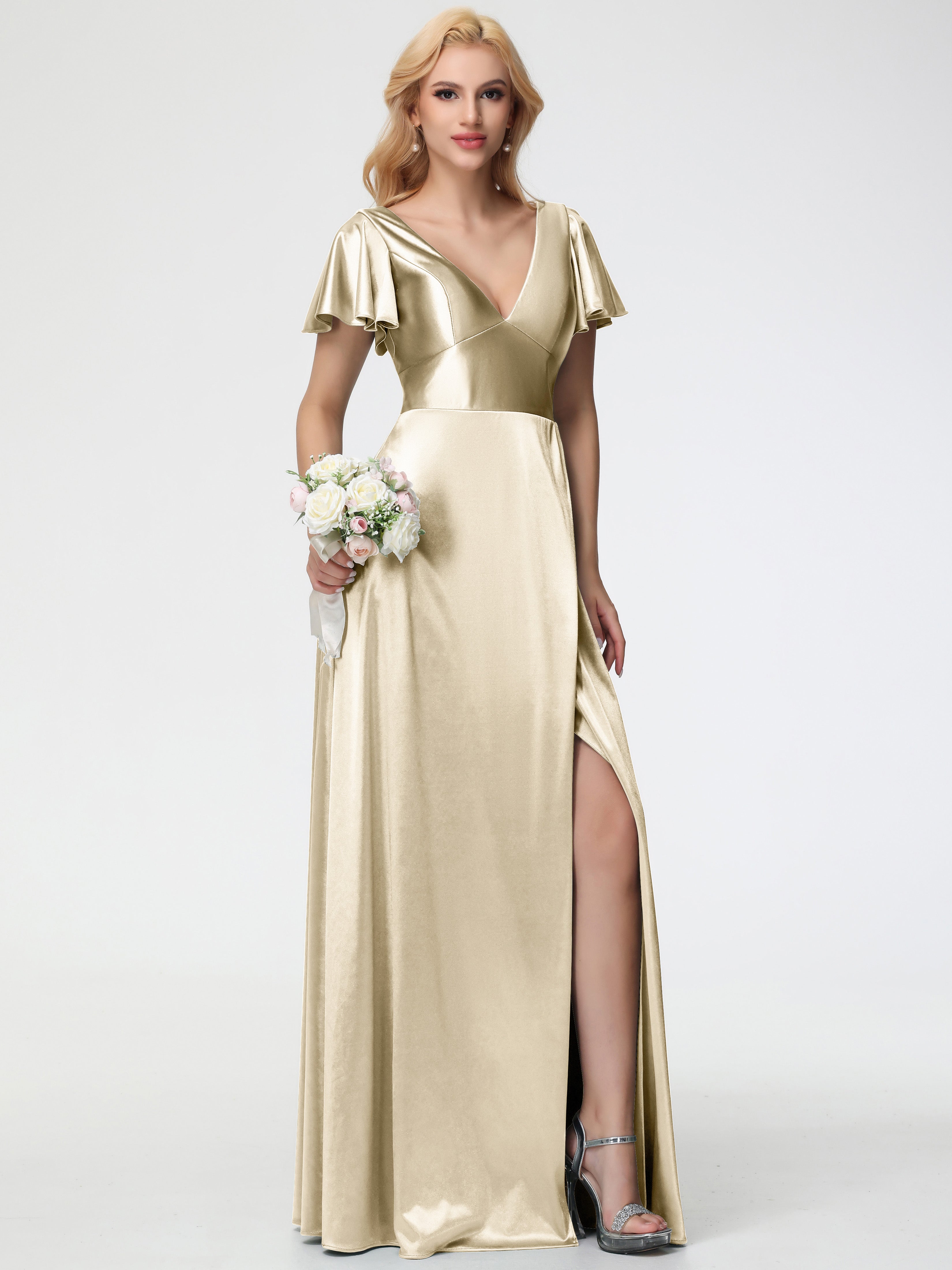 Robe De Demoiselle D'Honneur Champagne Col V Manches à Volants Fendue Trapèze Satin Extensible Robe De Demoiselle D'Honneur