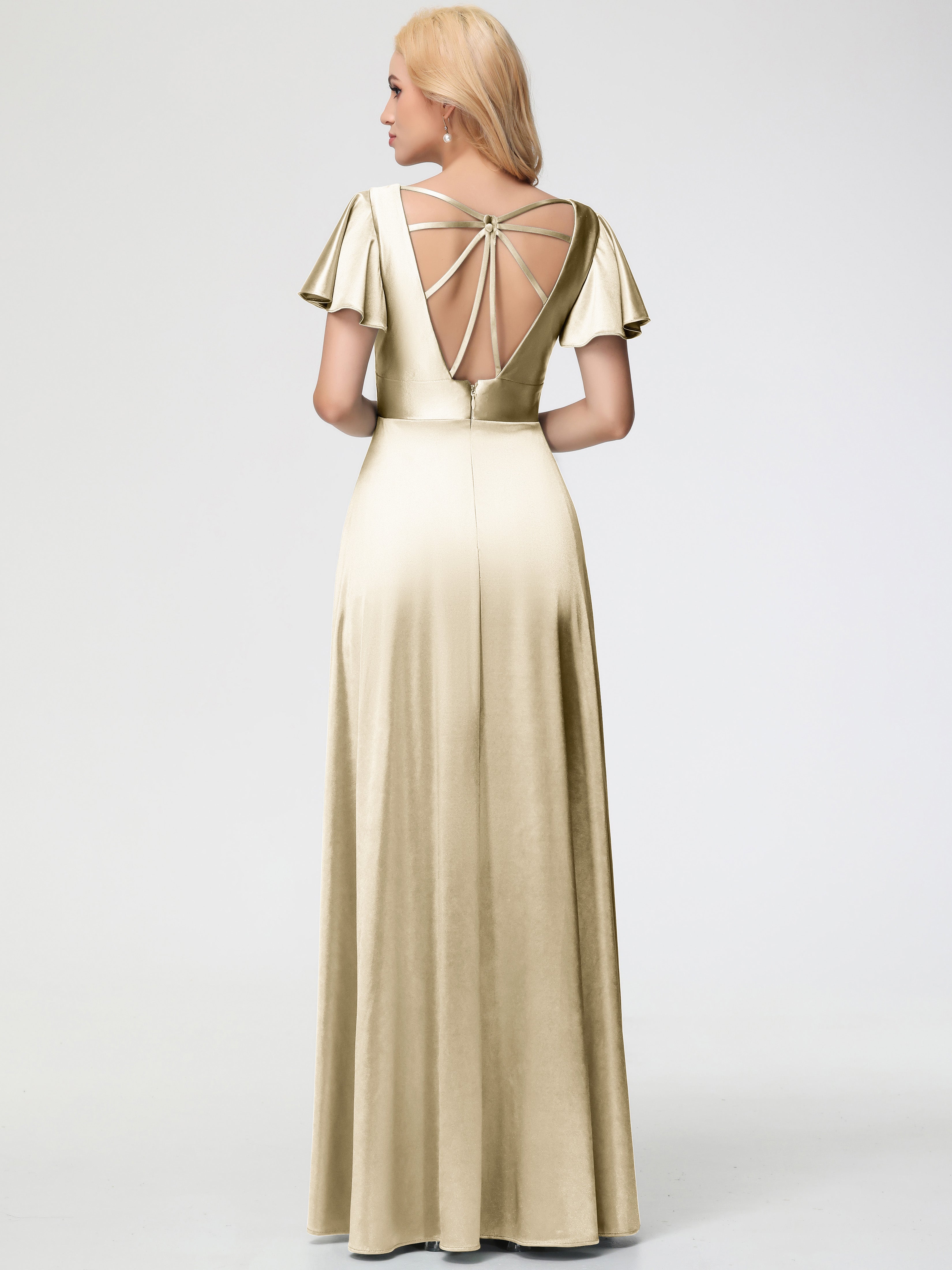 Robe De Demoiselle D'Honneur Champagne Col V Manches à Volants Fendue Trapèze Satin Extensible Robe De Demoiselle D'Honneur