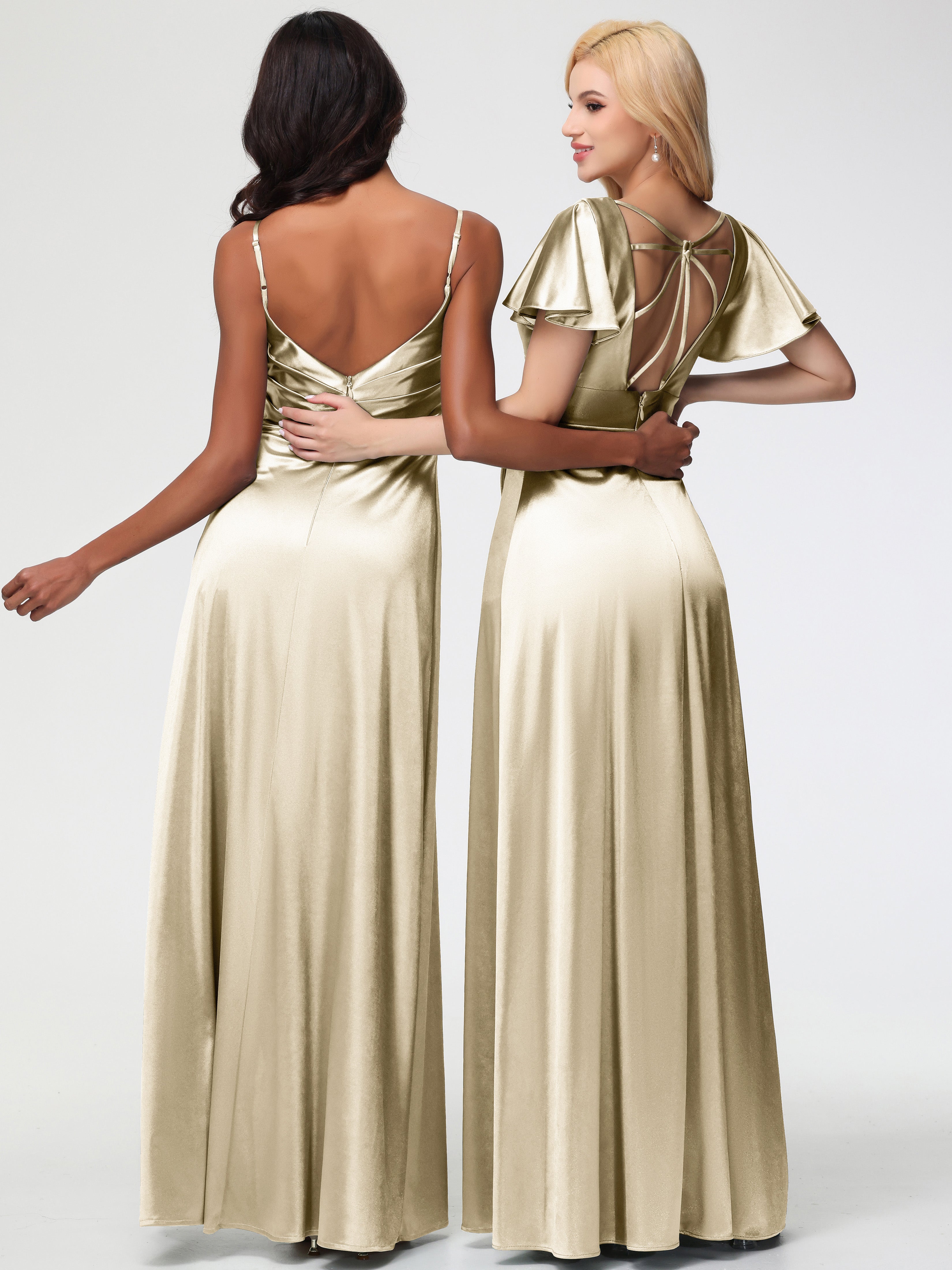 Robe De Demoiselle D'Honneur Champagne Col V Manches à Volants Fendue Trapèze Satin Extensible Robe De Demoiselle D'Honneur