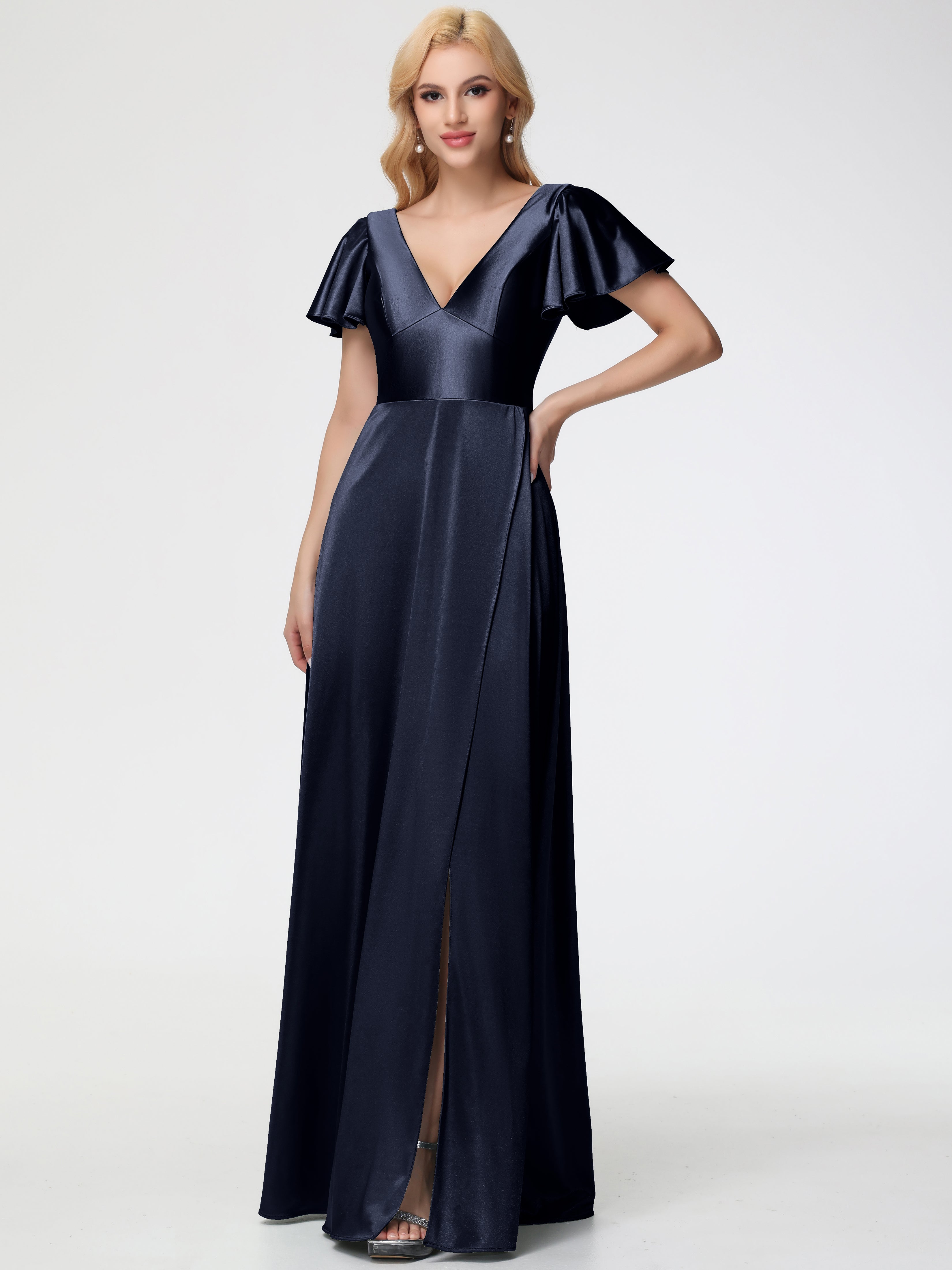 Robes De Demoiselle D'Honneur Bleu Marine Pas Cher Col V Manches à Volants Fendue Trapèze Satin Extensible Robe De Demoiselle D'Honneur