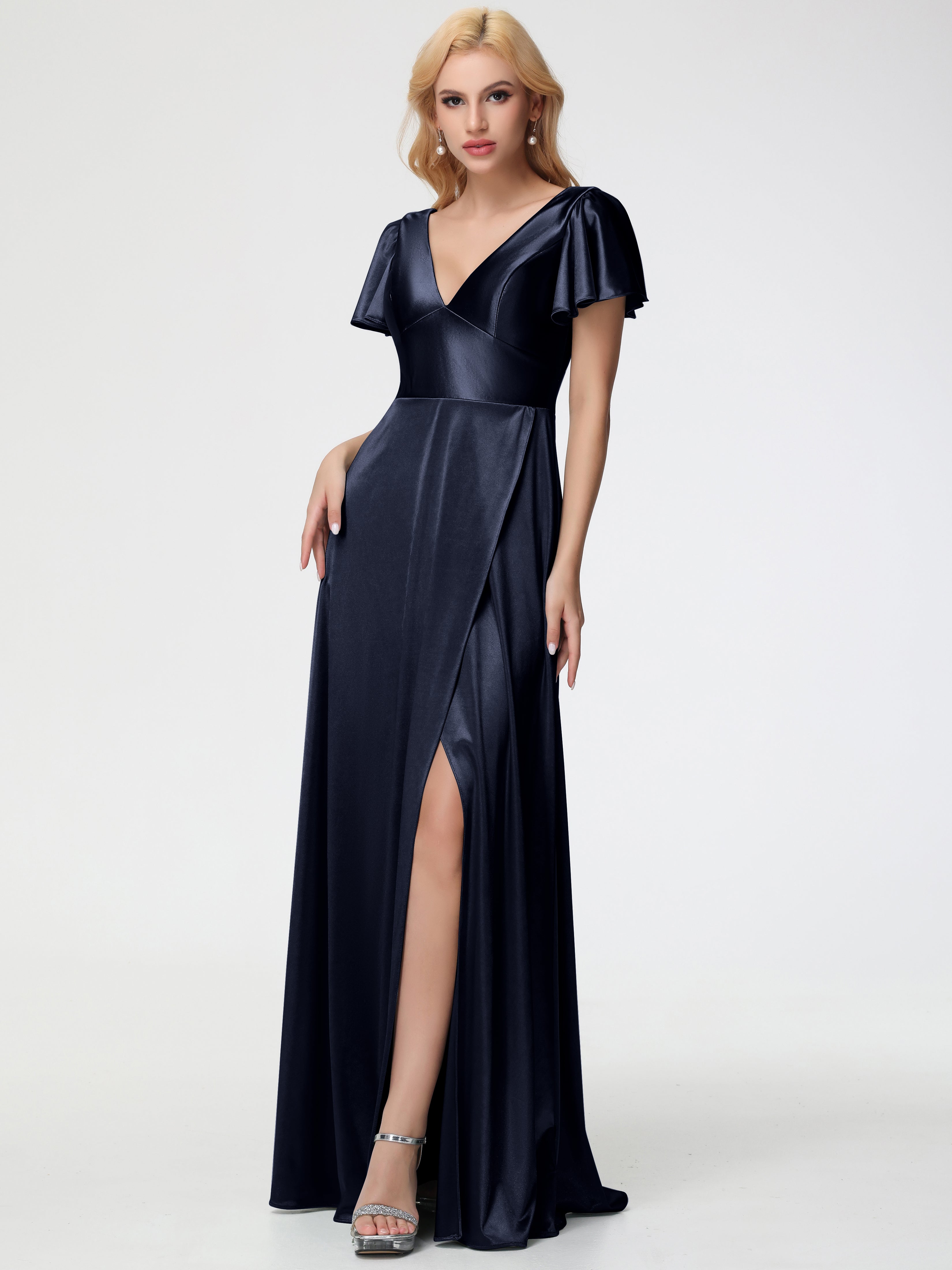 Robes De Demoiselle D'Honneur Bleu Marine Pas Cher Col V Manches à Volants Fendue Trapèze Satin Extensible Robe De Demoiselle D'Honneur