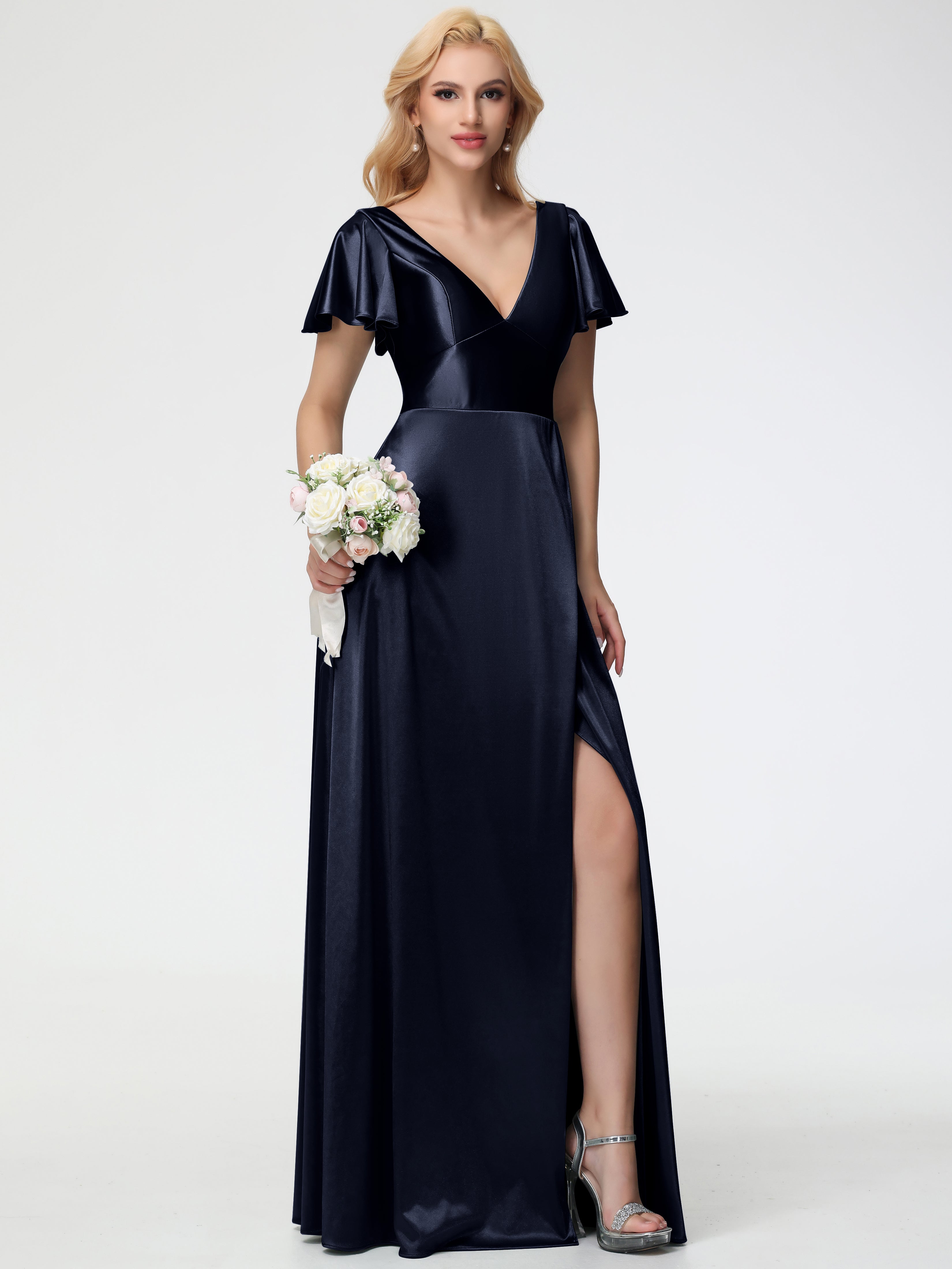 Robes De Demoiselle D'Honneur Bleu Marine Pas Cher Col V Manches à Volants Fendue Trapèze Satin Extensible Robe De Demoiselle D'Honneur