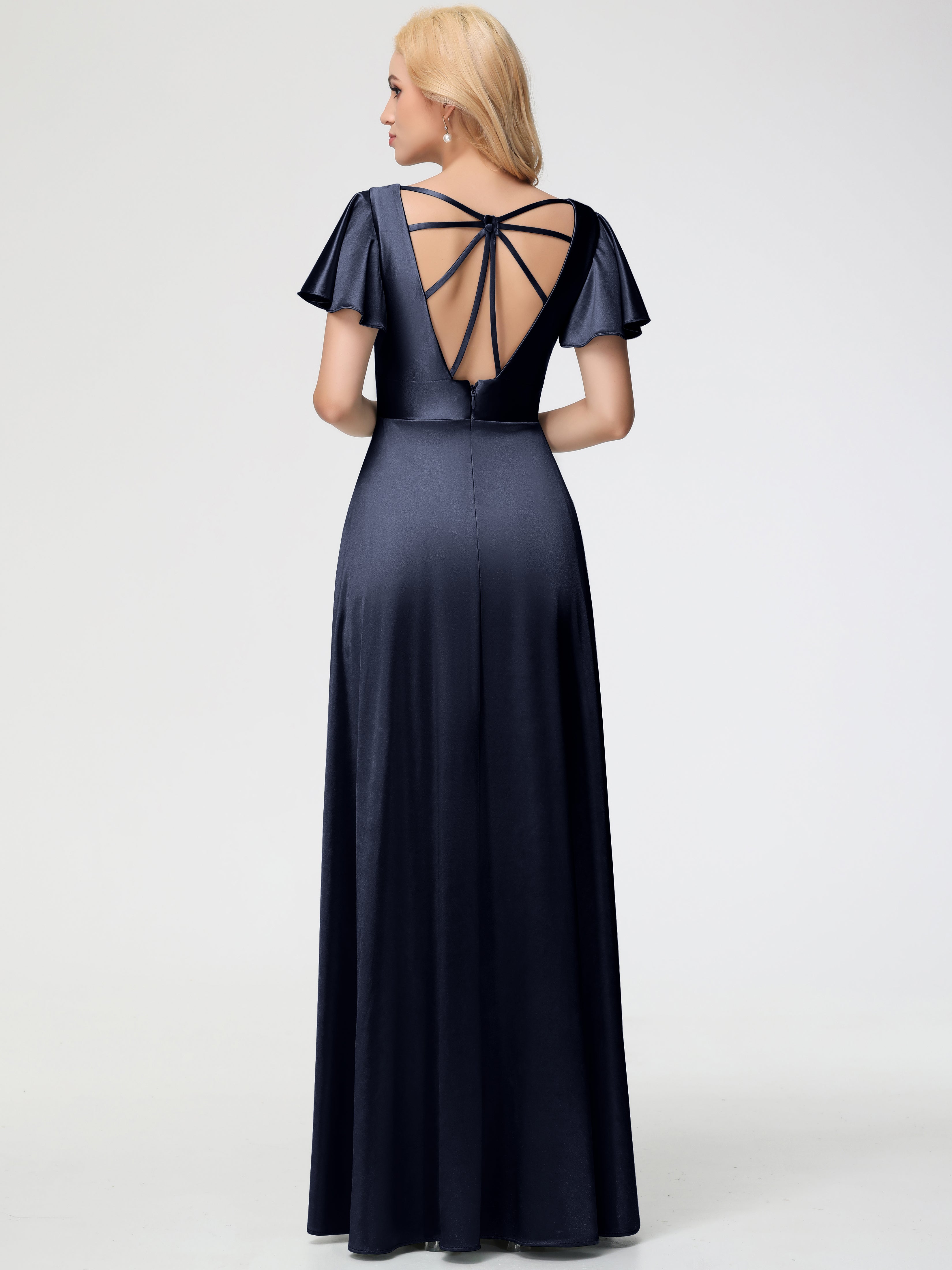 Robes De Demoiselle D'Honneur Bleu Marine Pas Cher Col V Manches à Volants Fendue Trapèze Satin Extensible Robe De Demoiselle D'Honneur