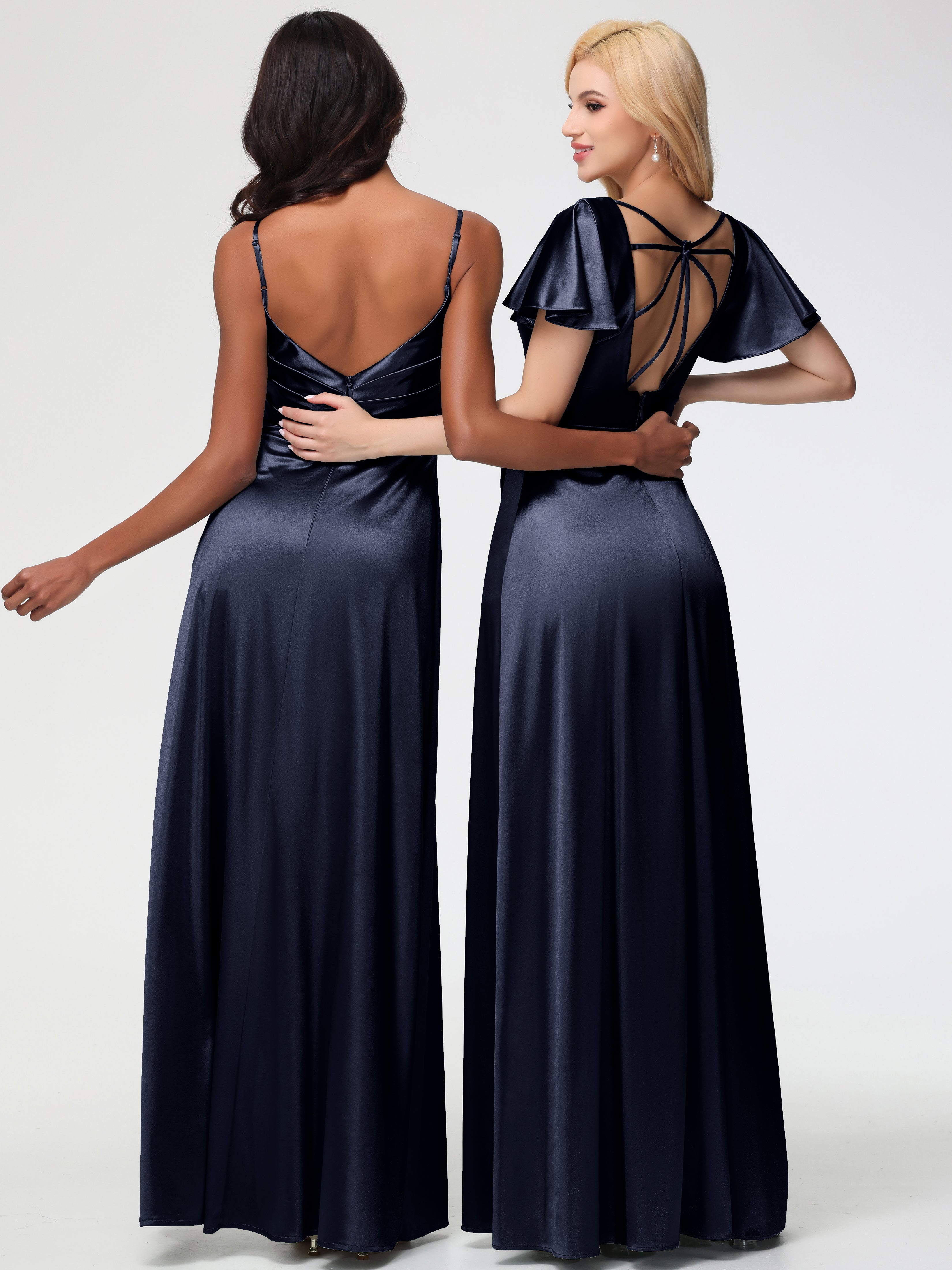 Robes De Demoiselle D'Honneur Bleu Marine Pas Cher Col V Manches à Volants Fendue Trapèze Satin Extensible Robe De Demoiselle D'Honneur