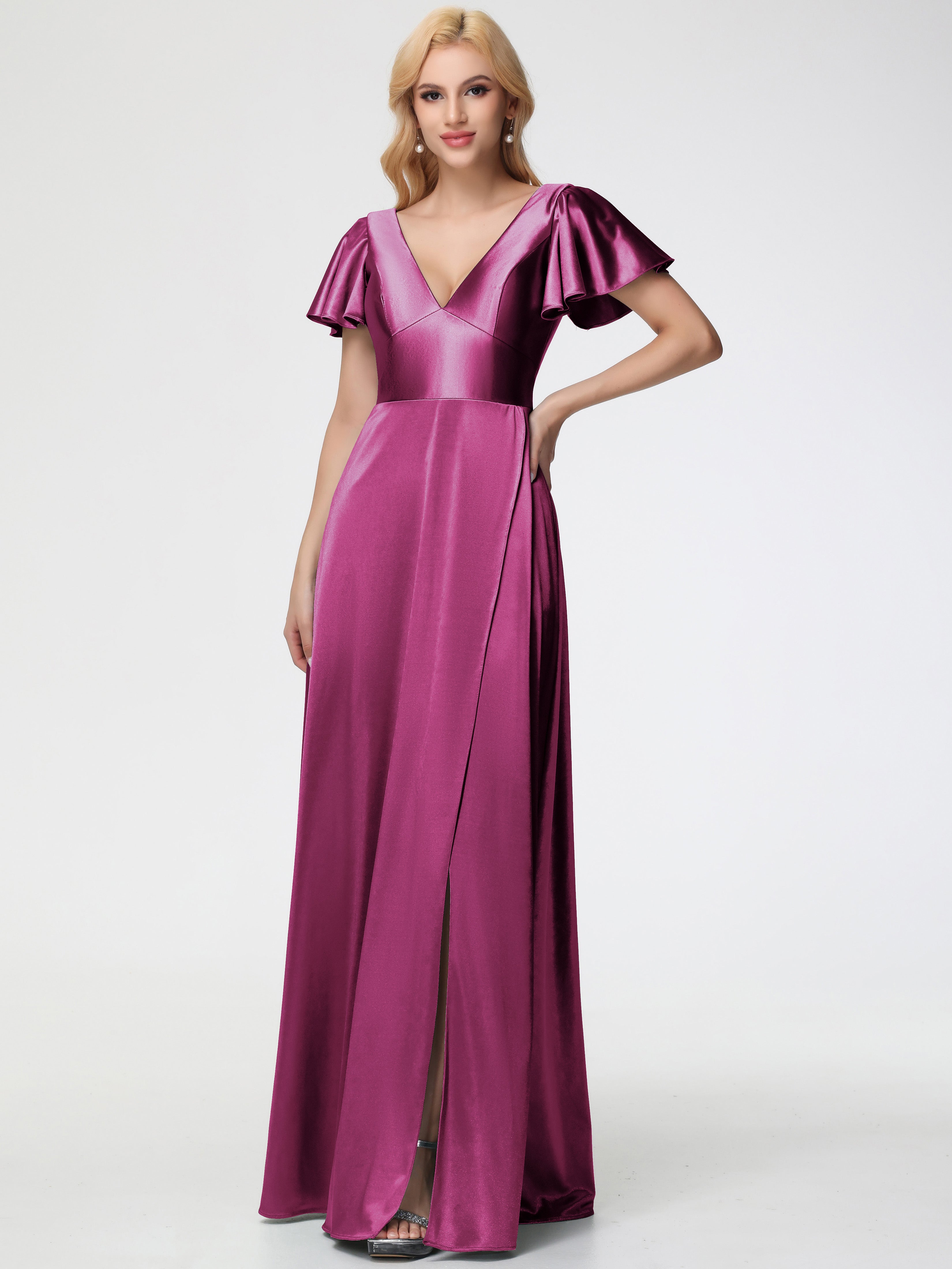 Robes De Demoiselle D'Honneur Couleur Fuchsia Rose Col V Manches à Volants Fendue Trapèze Satin Extensible Robe De Demoiselle D'Honneur