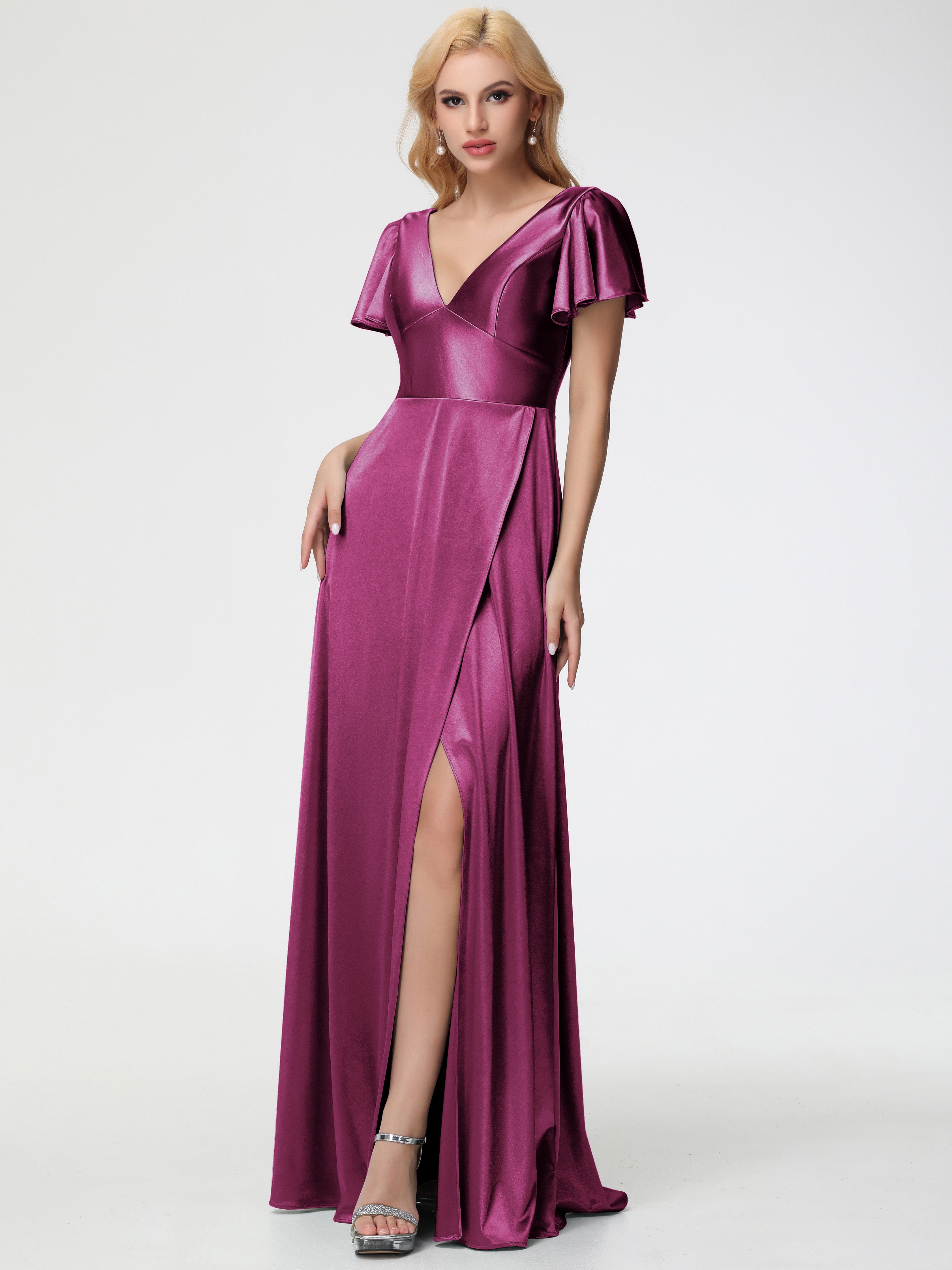 Robes De Demoiselle D'Honneur Couleur Fuchsia Rose Col V Manches à Volants Fendue Trapèze Satin Extensible Robe De Demoiselle D'Honneur
