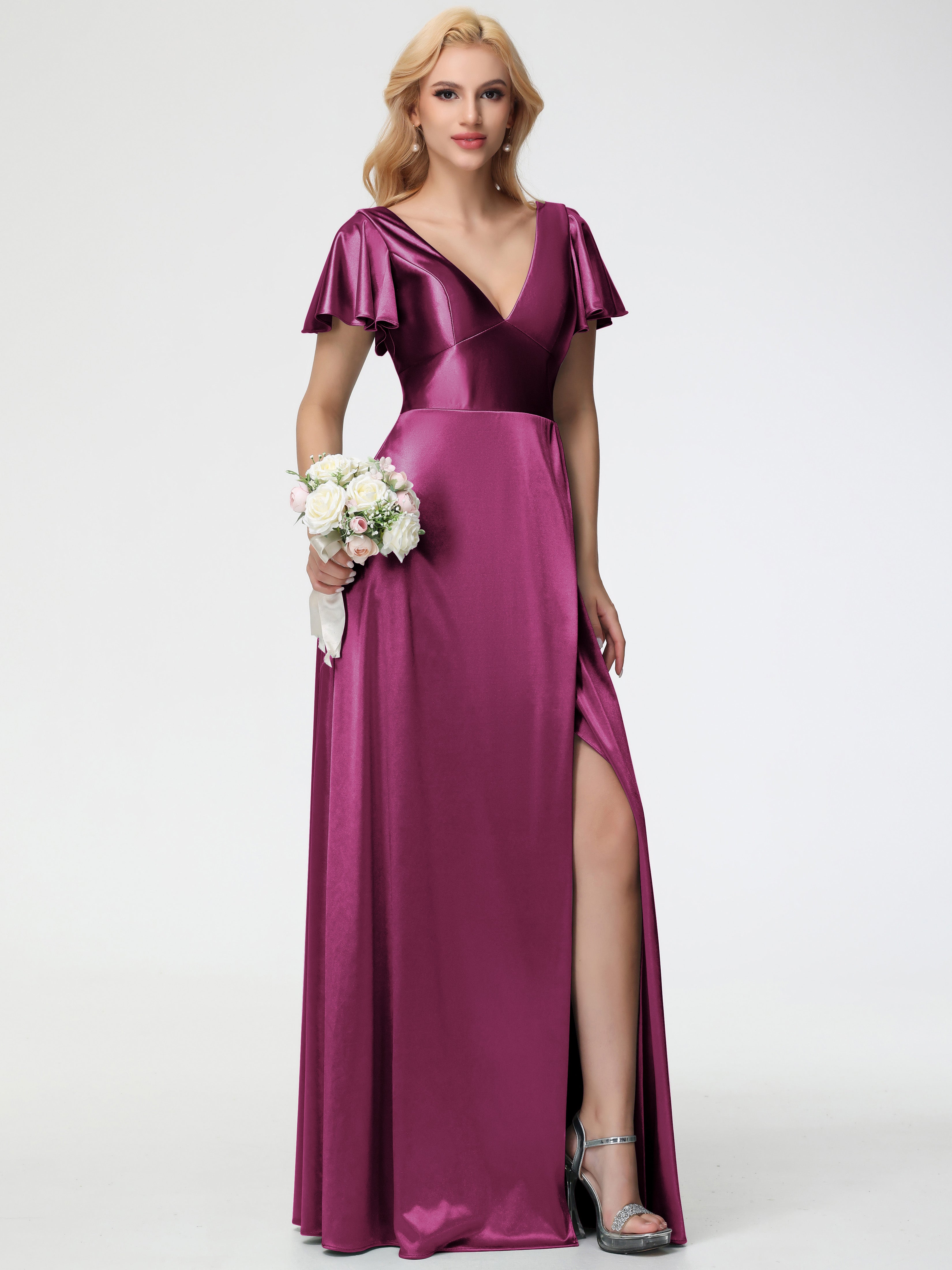 Robes De Demoiselle D'Honneur Couleur Fuchsia Rose Col V Manches à Volants Fendue Trapèze Satin Extensible Robe De Demoiselle D'Honneur