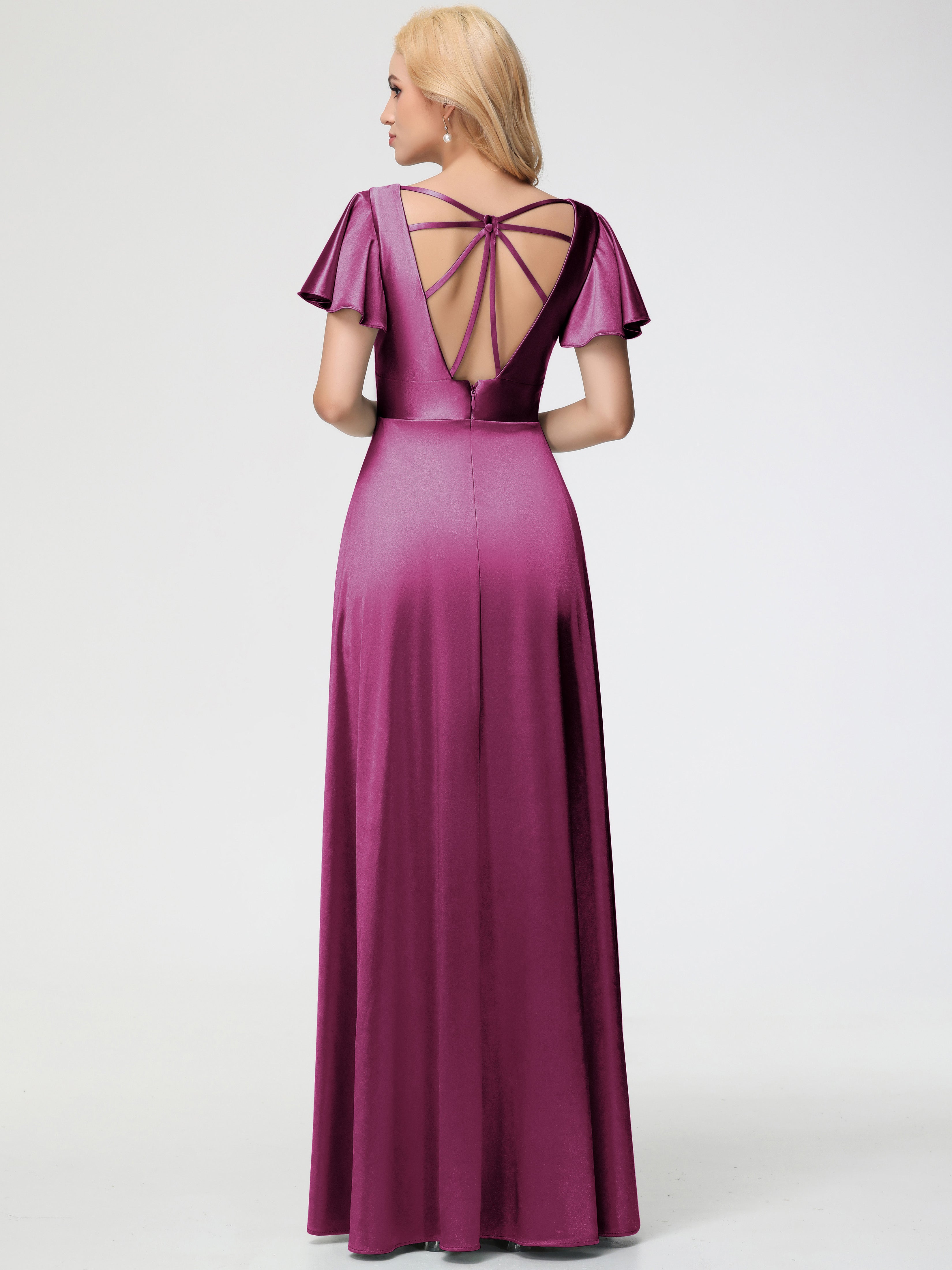 Robes De Demoiselle D'Honneur Couleur Fuchsia Rose Col V Manches à Volants Fendue Trapèze Satin Extensible Robe De Demoiselle D'Honneur