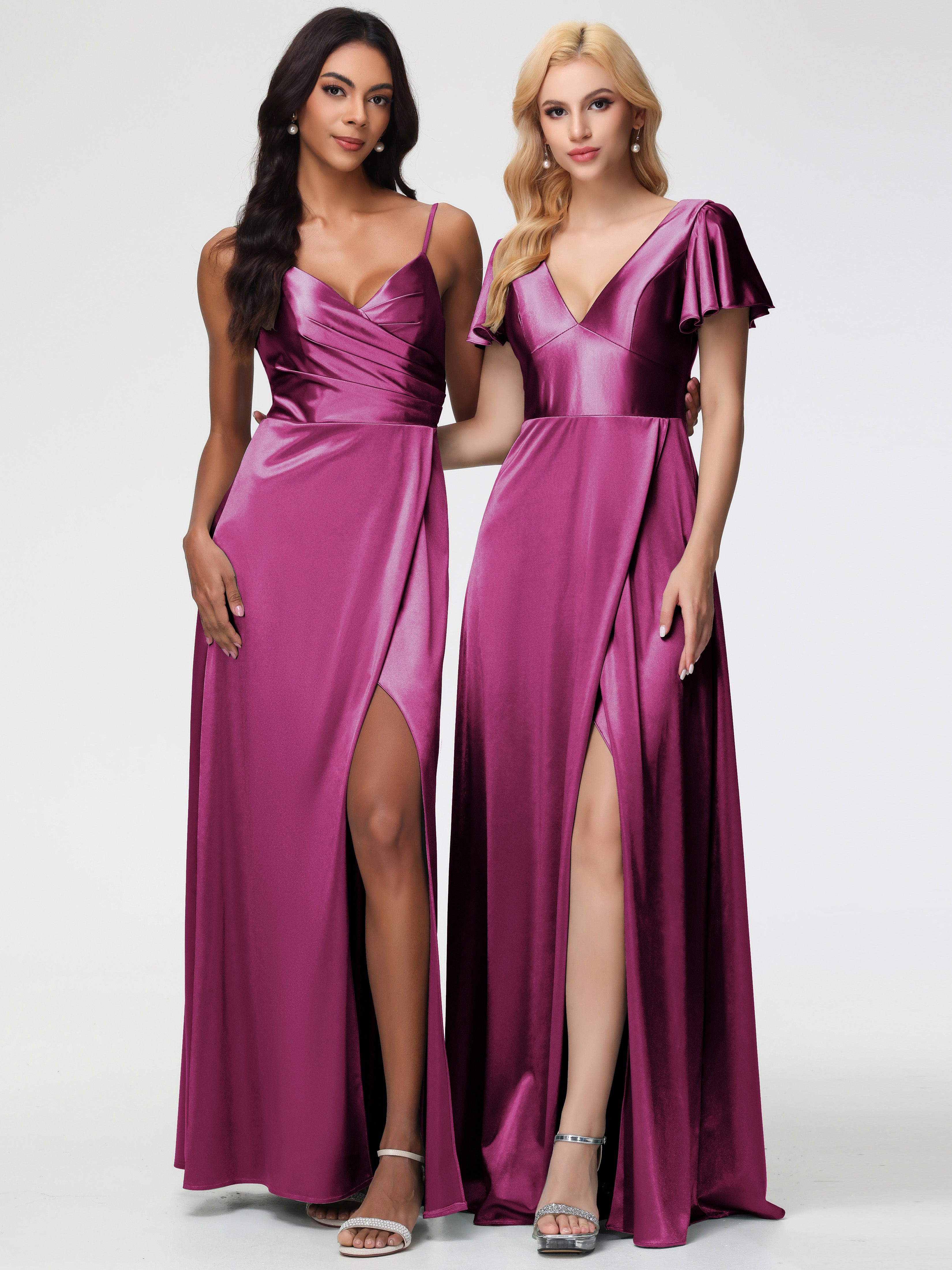 Robes De Demoiselle D'Honneur Couleur Fuchsia Rose Col V Manches à Volants Fendue Trapèze Satin Extensible Robe De Demoiselle D'Honneur