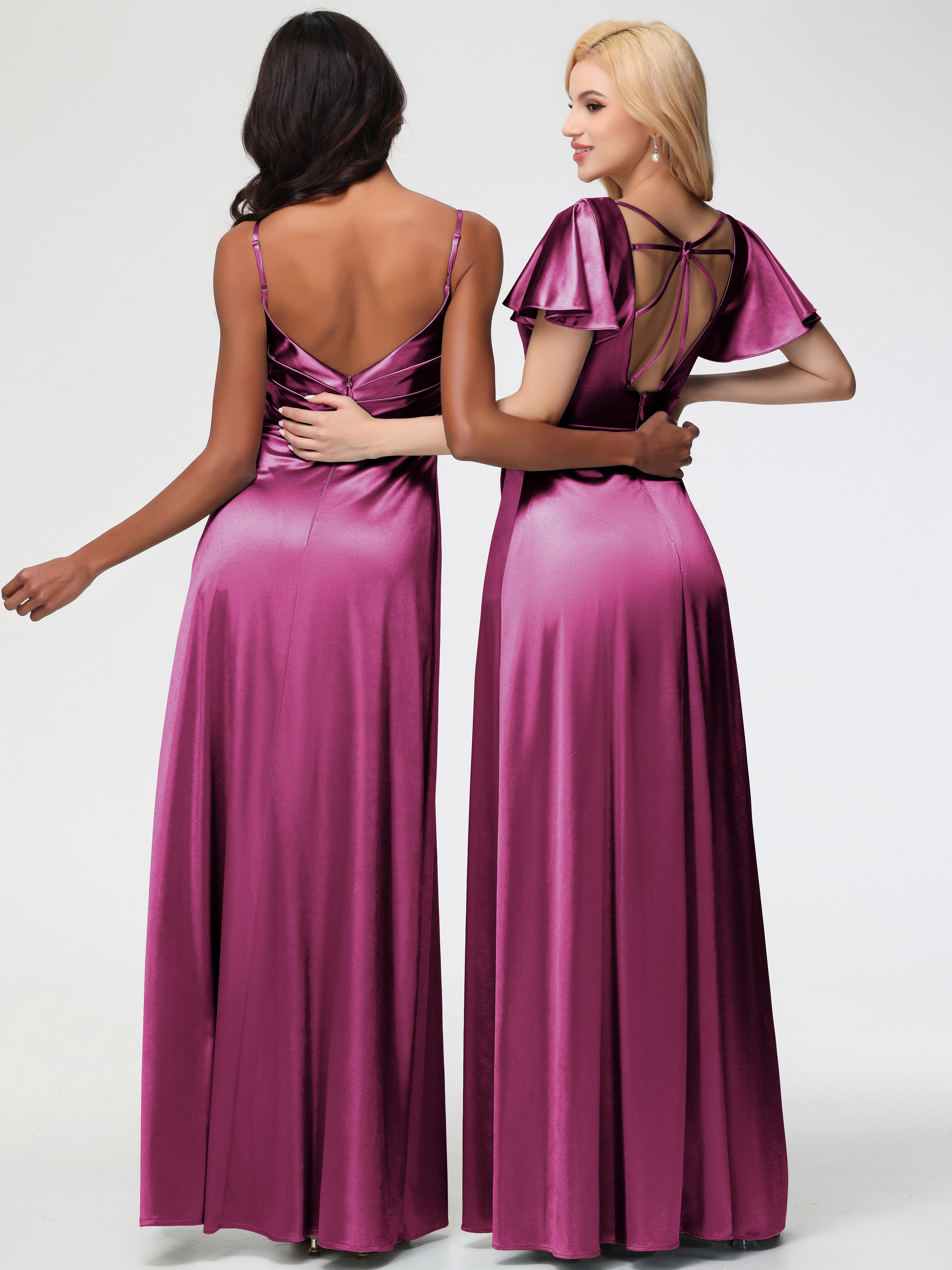 Robes De Demoiselle D'Honneur Couleur Fuchsia Rose Col V Manches à Volants Fendue Trapèze Satin Extensible Robe De Demoiselle D'Honneur