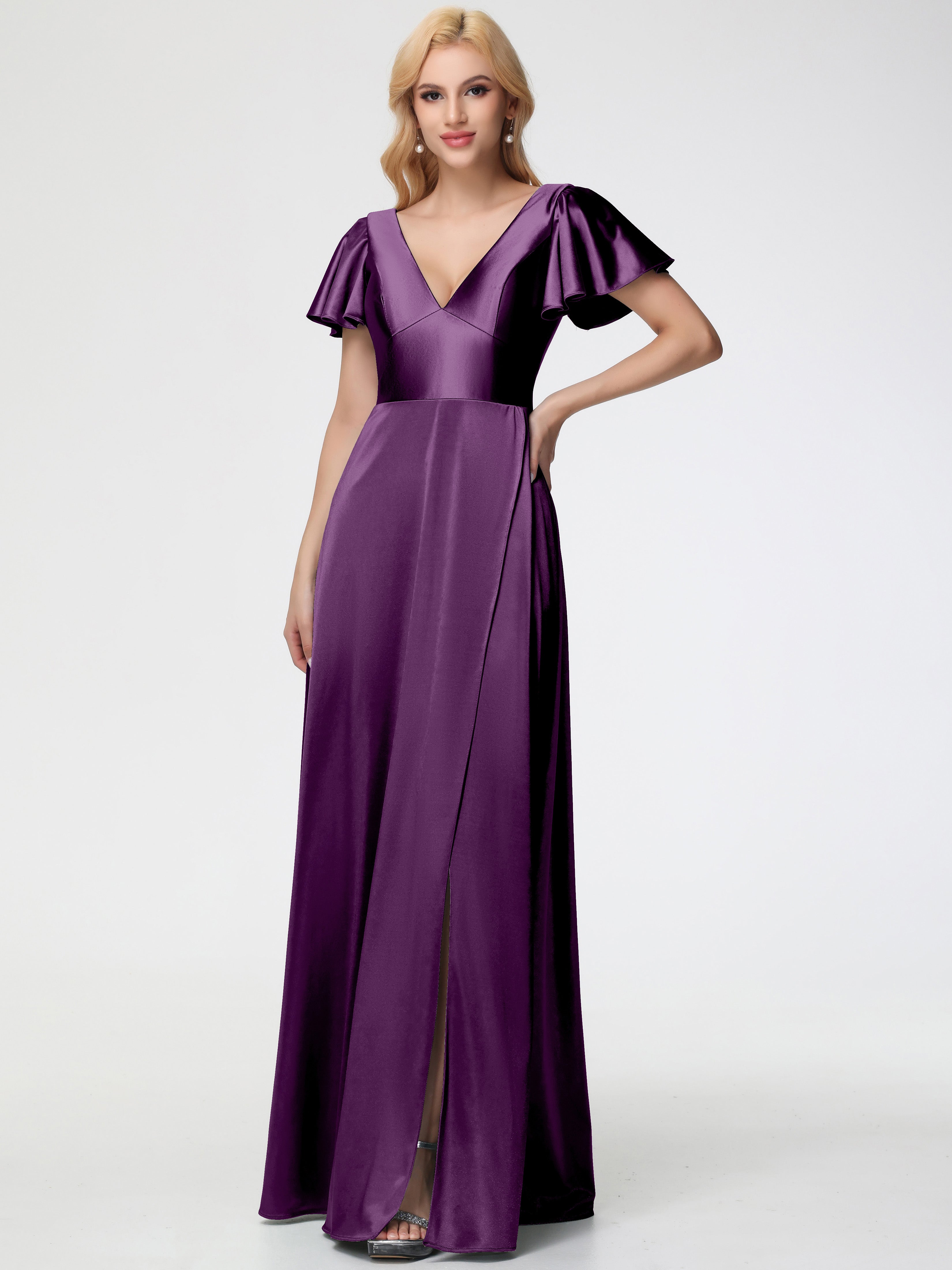 Robes De Demoiselle D'Honneur En Raisin Col V Manches à Volants Fendue Trapèze Satin Extensible Robe De Demoiselle D'Honneur