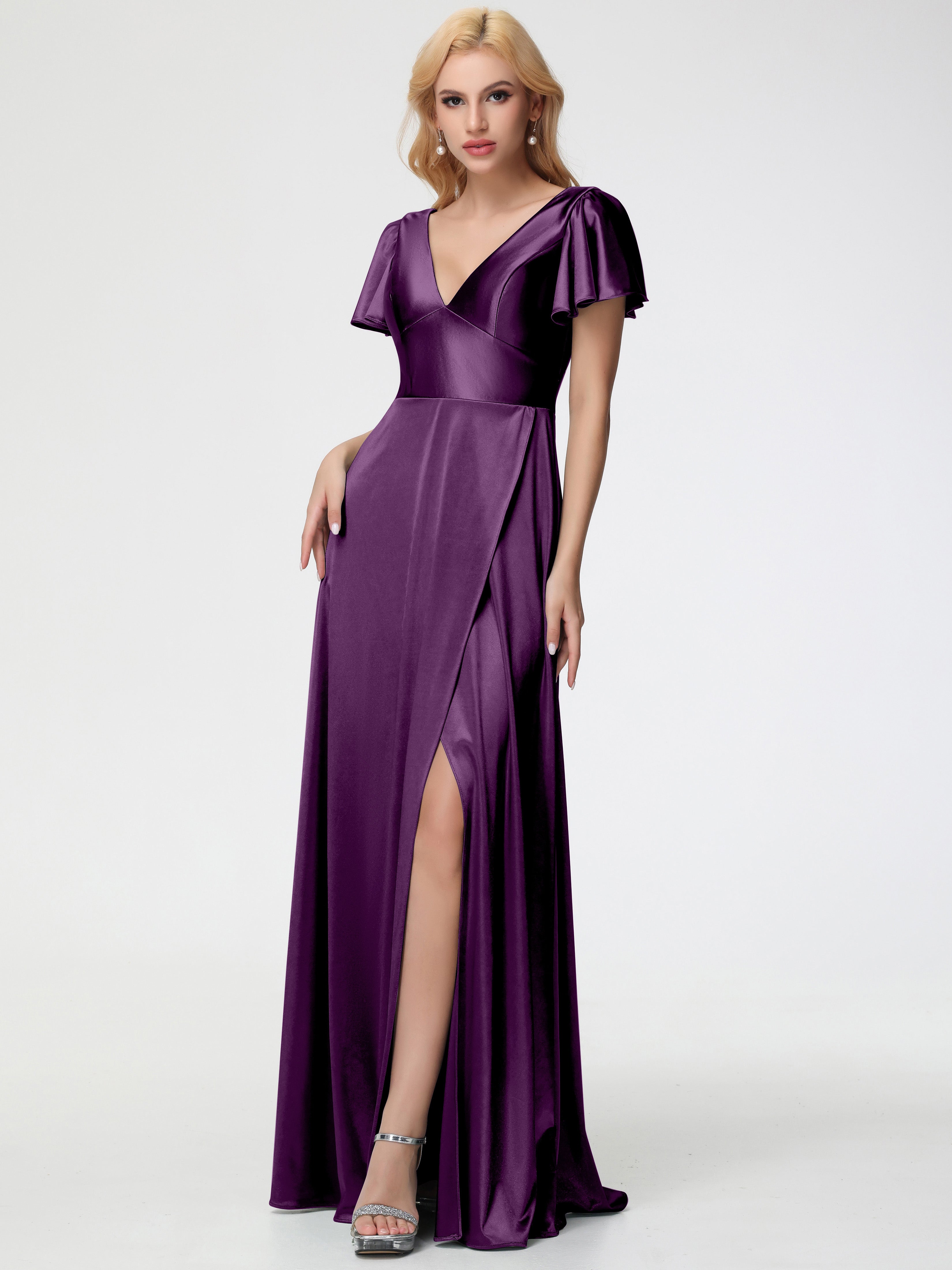 Robes De Demoiselle D'Honneur En Raisin Col V Manches à Volants Fendue Trapèze Satin Extensible Robe De Demoiselle D'Honneur