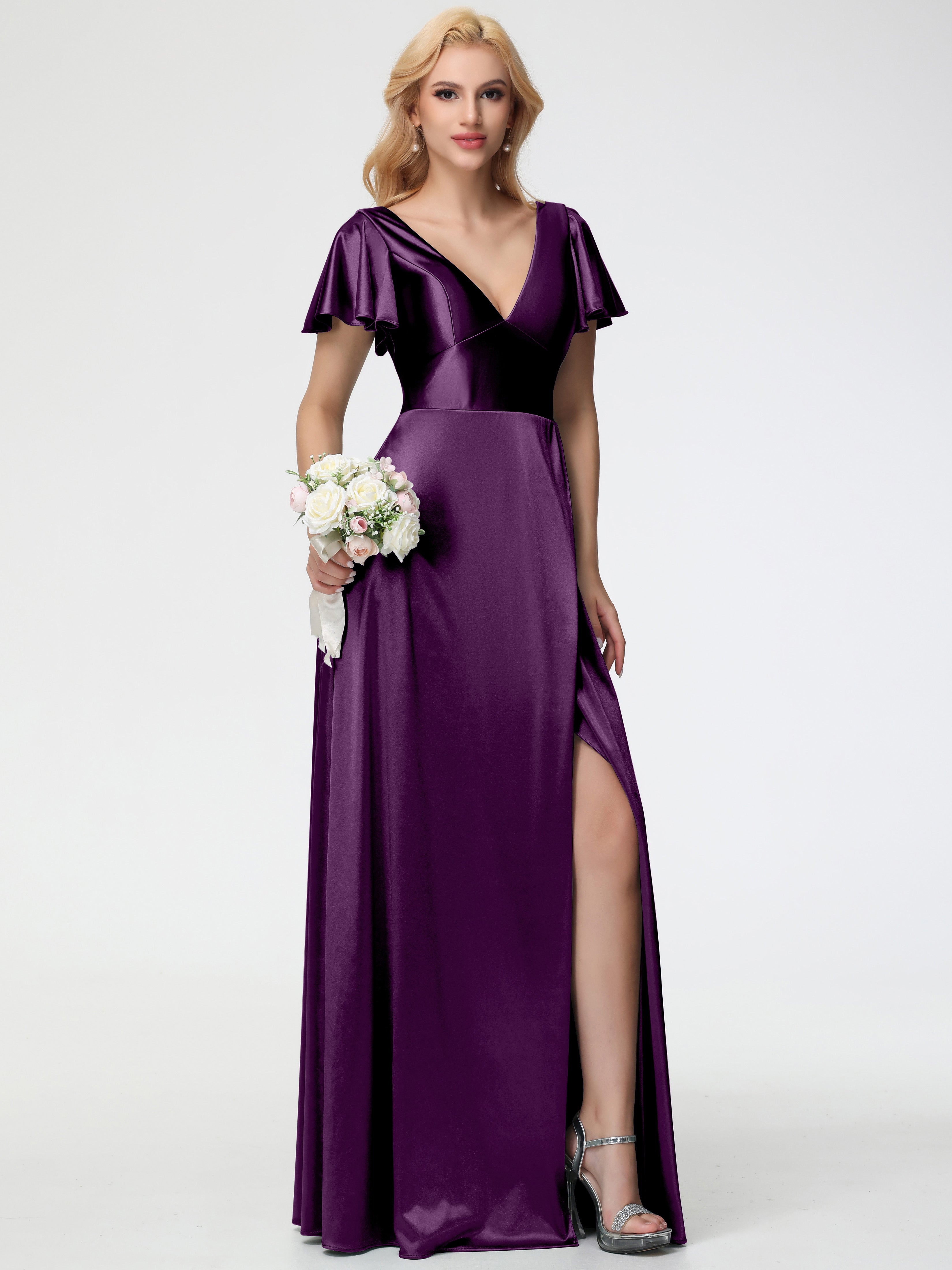 Robes De Demoiselle D'Honneur En Raisin Col V Manches à Volants Fendue Trapèze Satin Extensible Robe De Demoiselle D'Honneur
