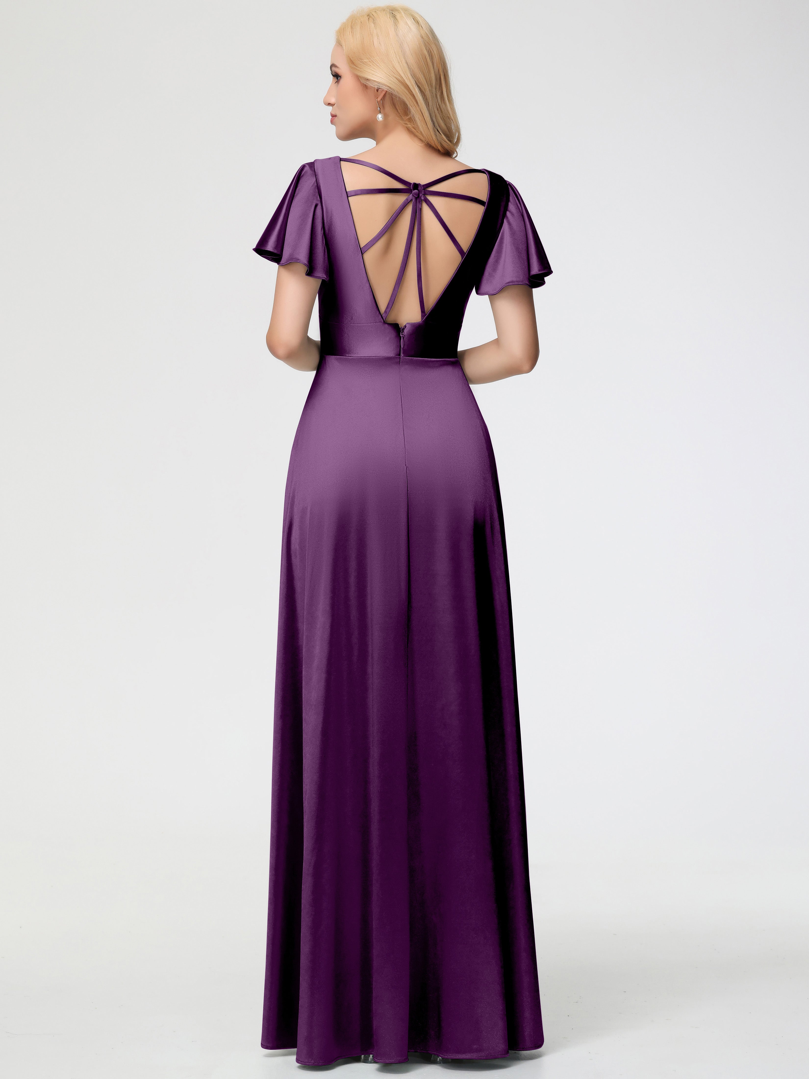Robes De Demoiselle D'Honneur En Raisin Col V Manches à Volants Fendue Trapèze Satin Extensible Robe De Demoiselle D'Honneur