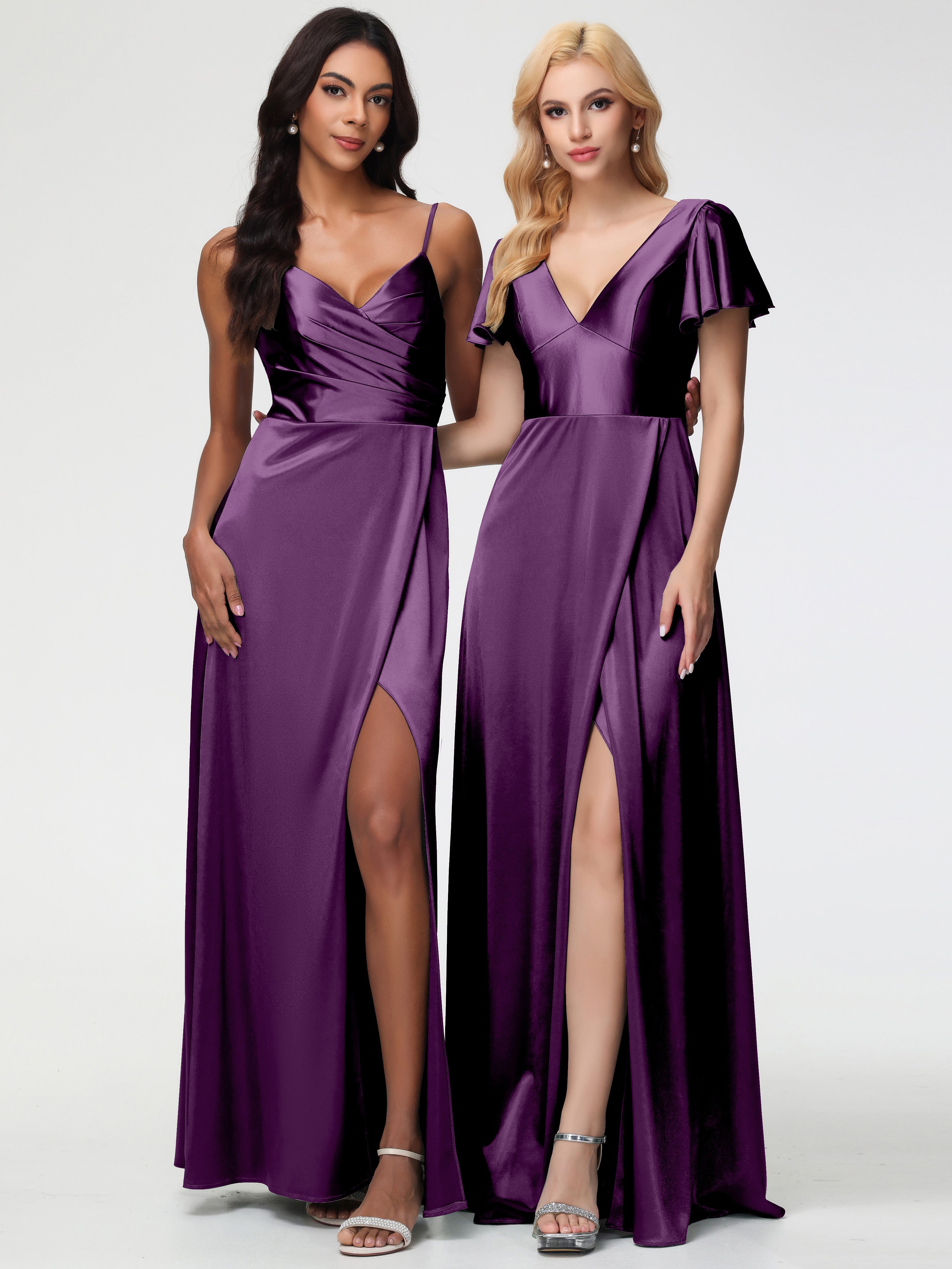 Robes De Demoiselle D'Honneur En Raisin Col V Manches à Volants Fendue Trapèze Satin Extensible Robe De Demoiselle D'Honneur