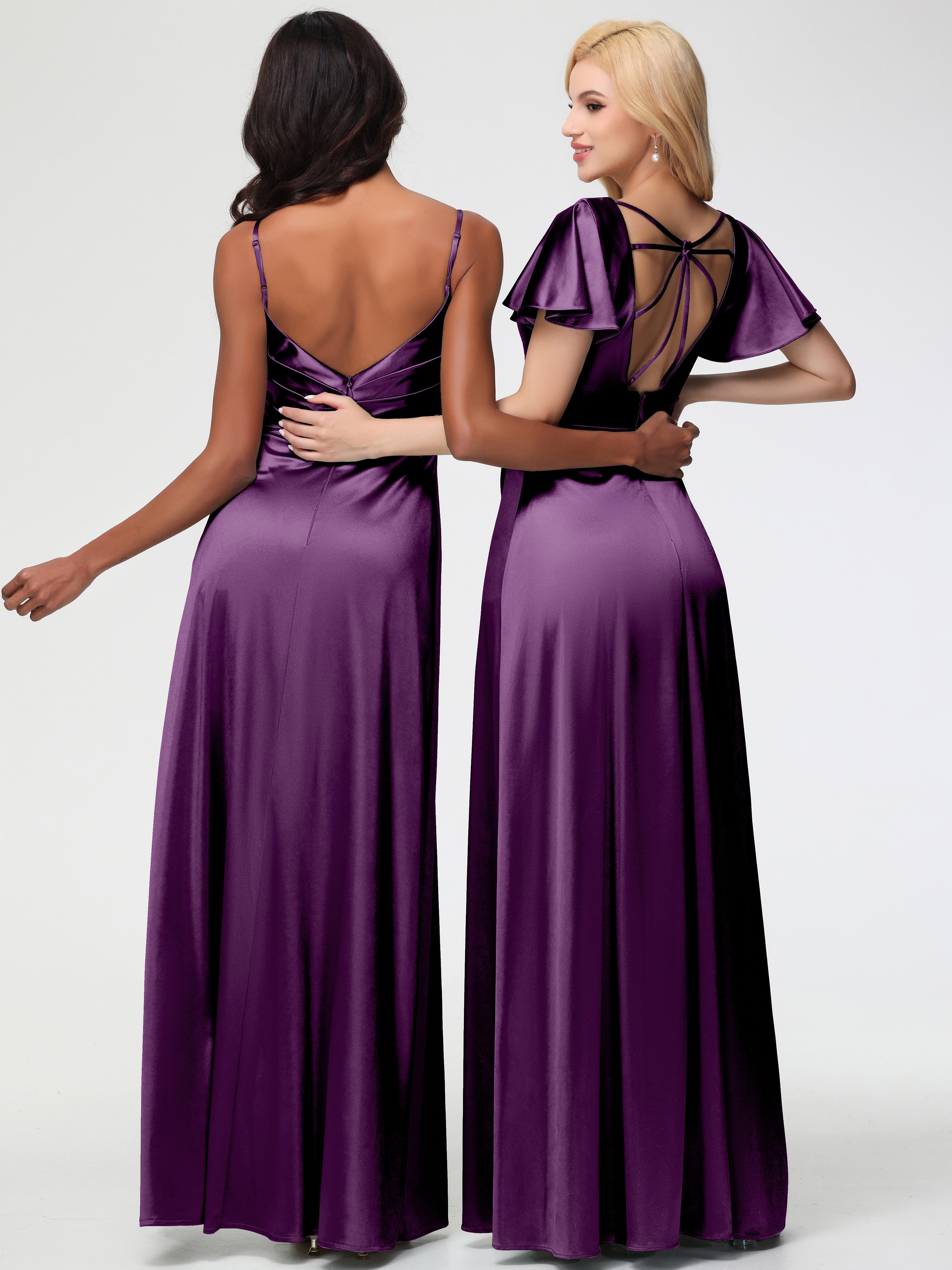 Robes De Demoiselle D'Honneur En Raisin Col V Manches à Volants Fendue Trapèze Satin Extensible Robe De Demoiselle D'Honneur