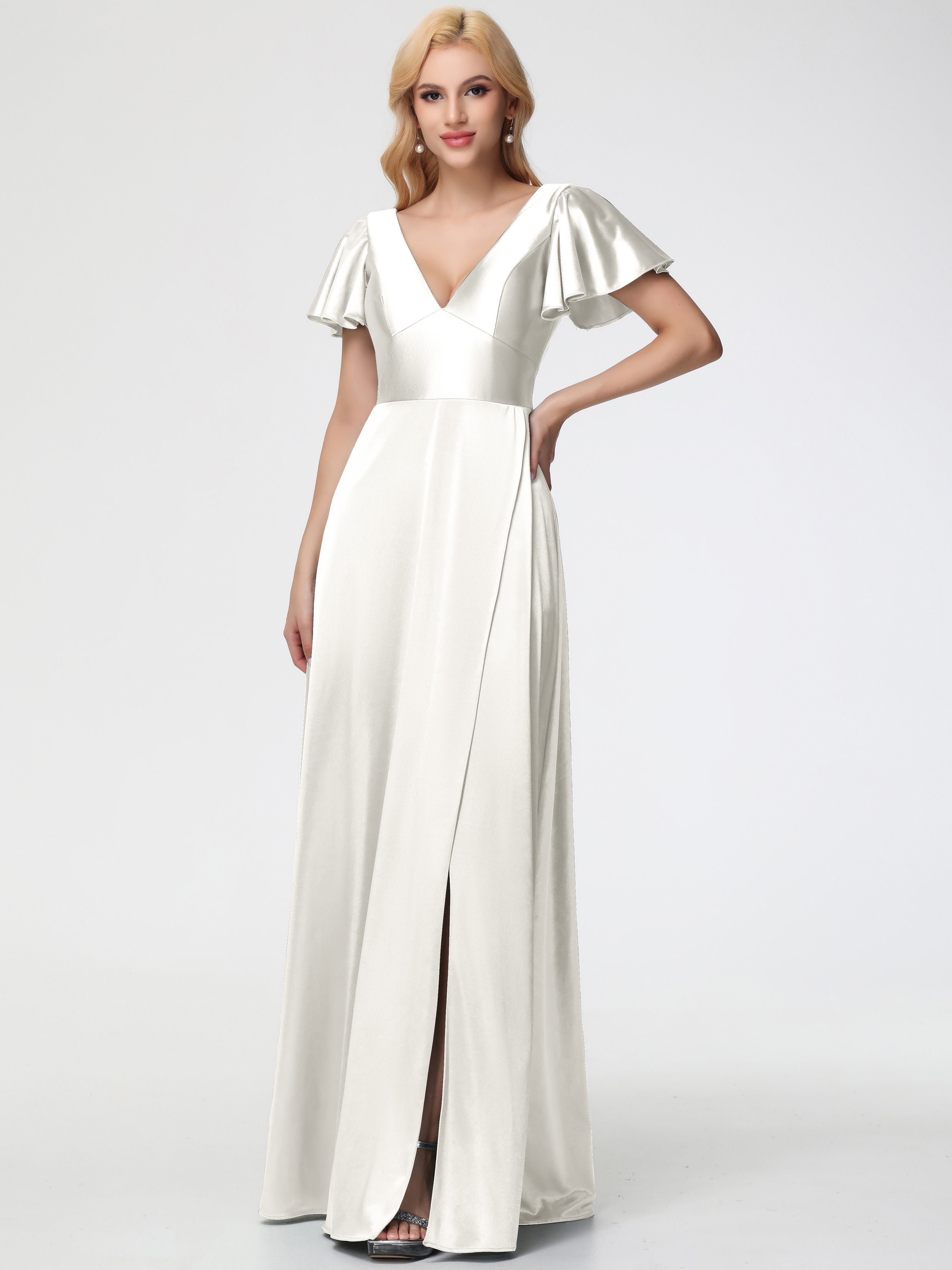 Robes De Demoiselle D'Honneur Ivoire Col V Manches à Volants Fendue Trapèze Satin Extensible Robe De Demoiselle D'Honneur