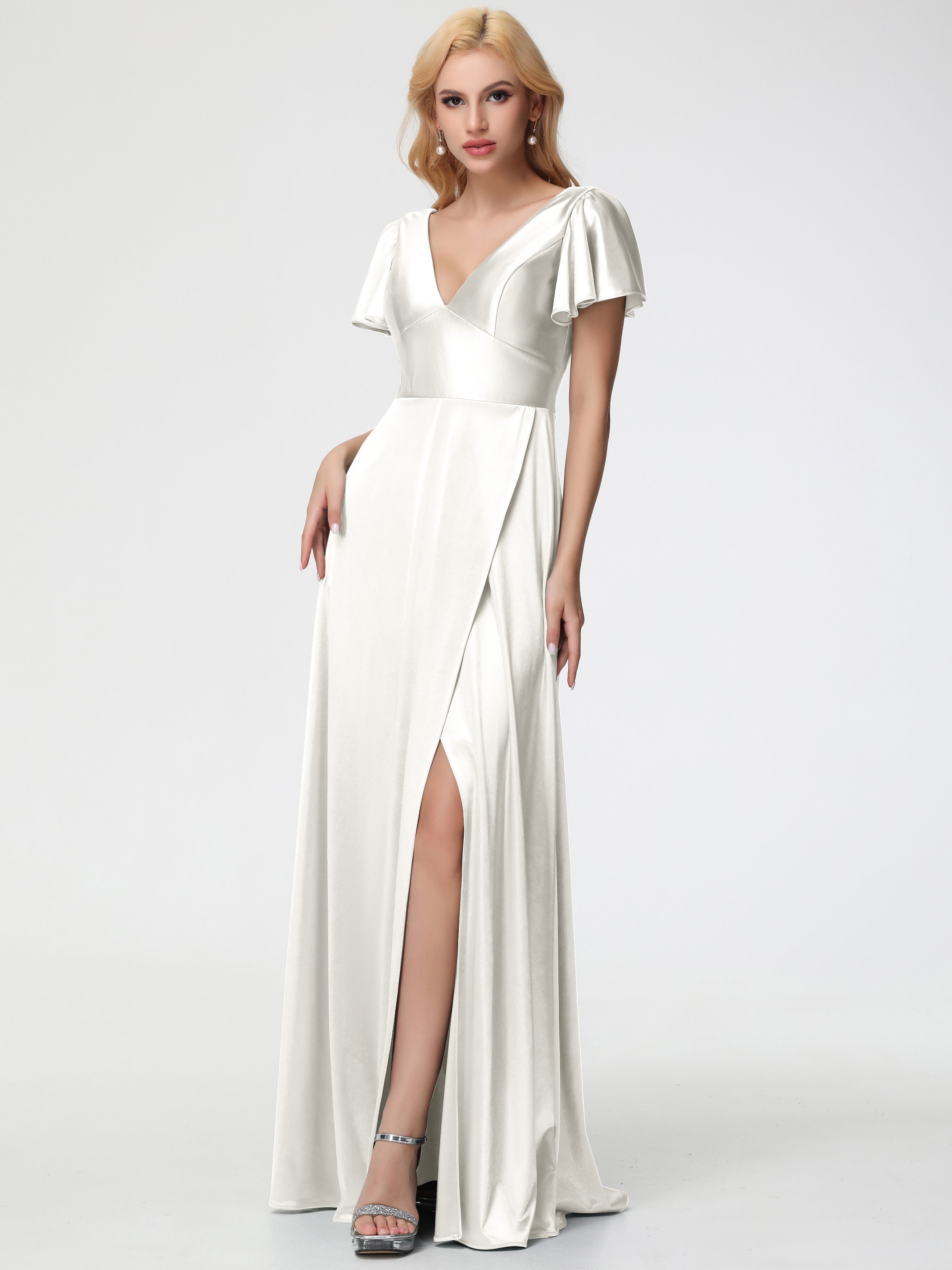 Robes De Demoiselle D'Honneur Ivoire Col V Manches à Volants Fendue Trapèze Satin Extensible Robe De Demoiselle D'Honneur