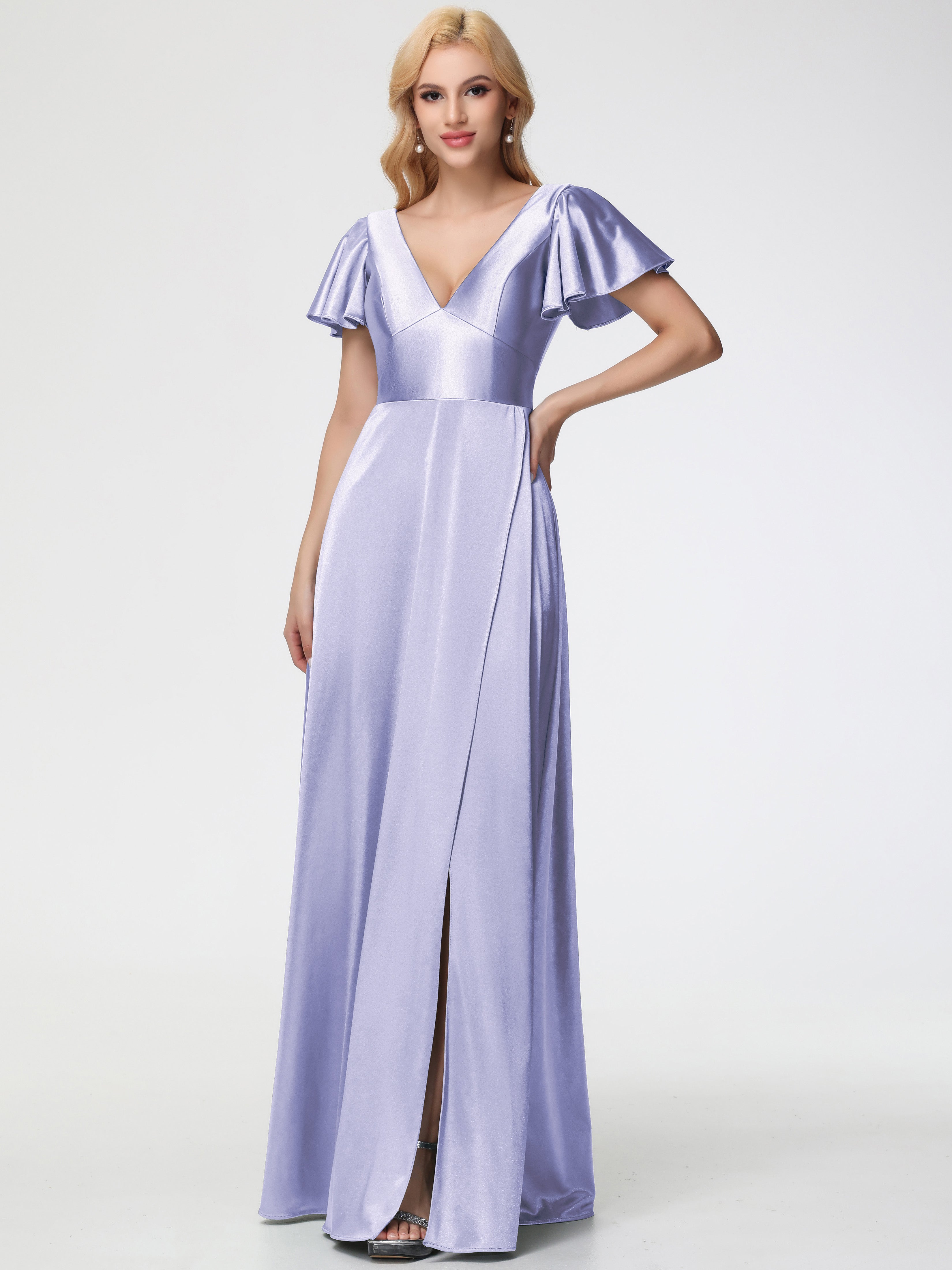 Robes De Demoiselle D'Honneur Lavande Col V Manches à Volants Fendue Trapèze Satin Extensible Robe De Demoiselle D'Honneur