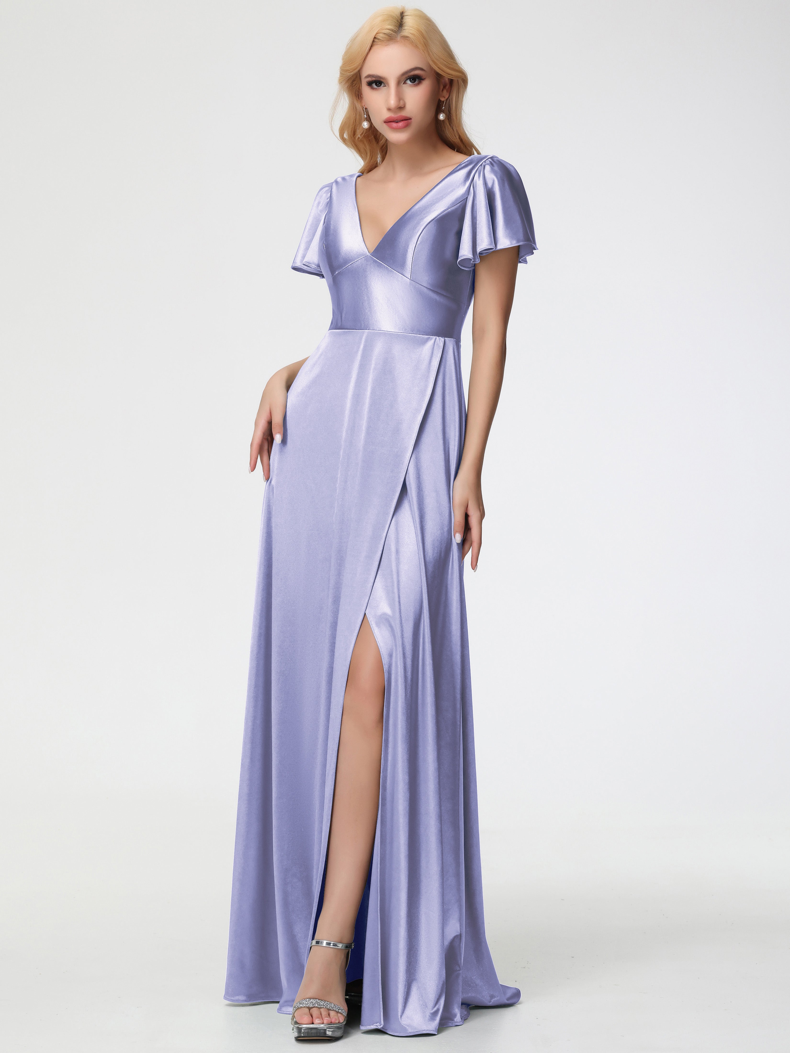 Robes De Demoiselle D'Honneur Lavande Col V Manches à Volants Fendue Trapèze Satin Extensible Robe De Demoiselle D'Honneur