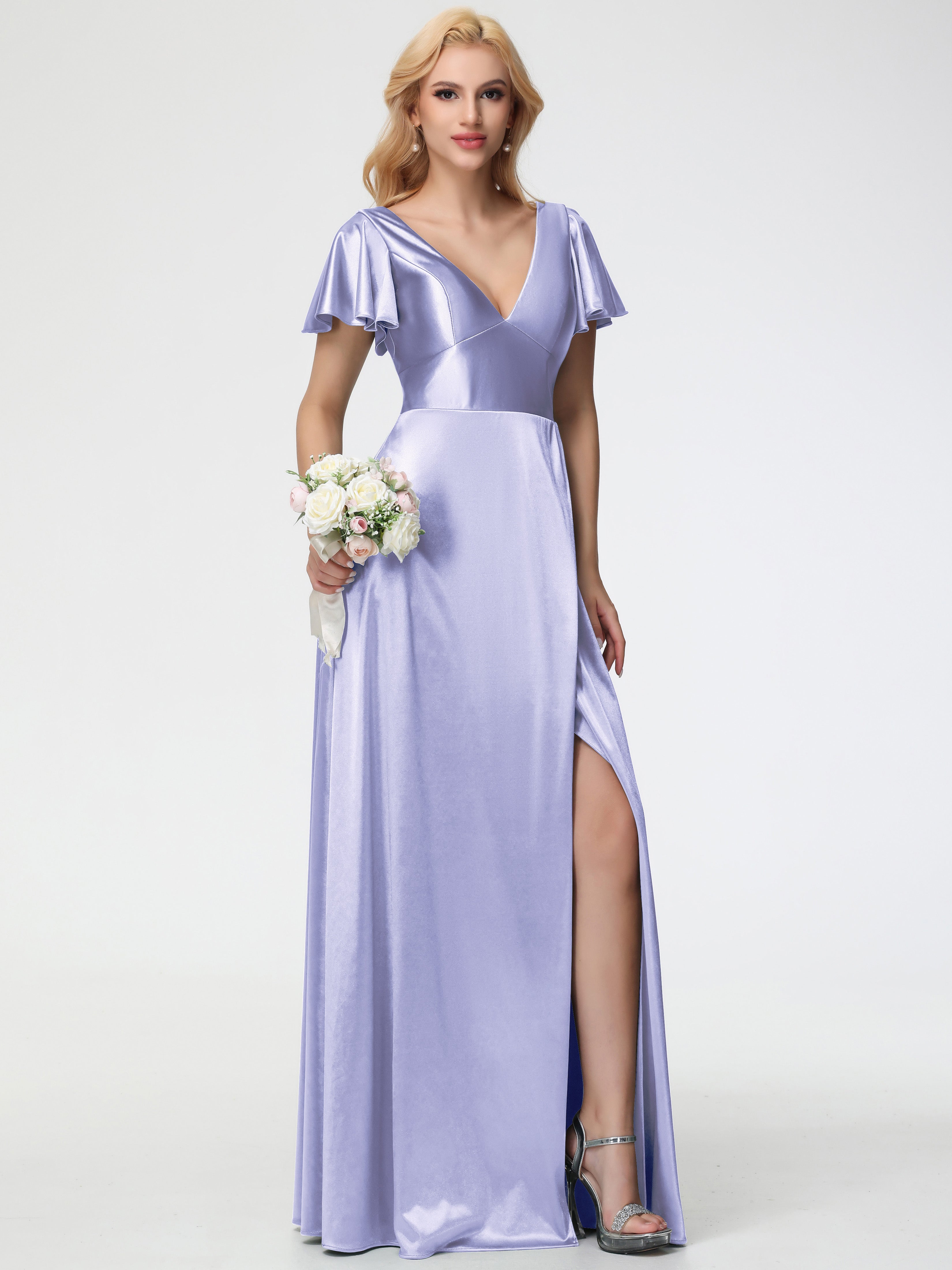 Robes De Demoiselle D'Honneur Lavande Col V Manches à Volants Fendue Trapèze Satin Extensible Robe De Demoiselle D'Honneur
