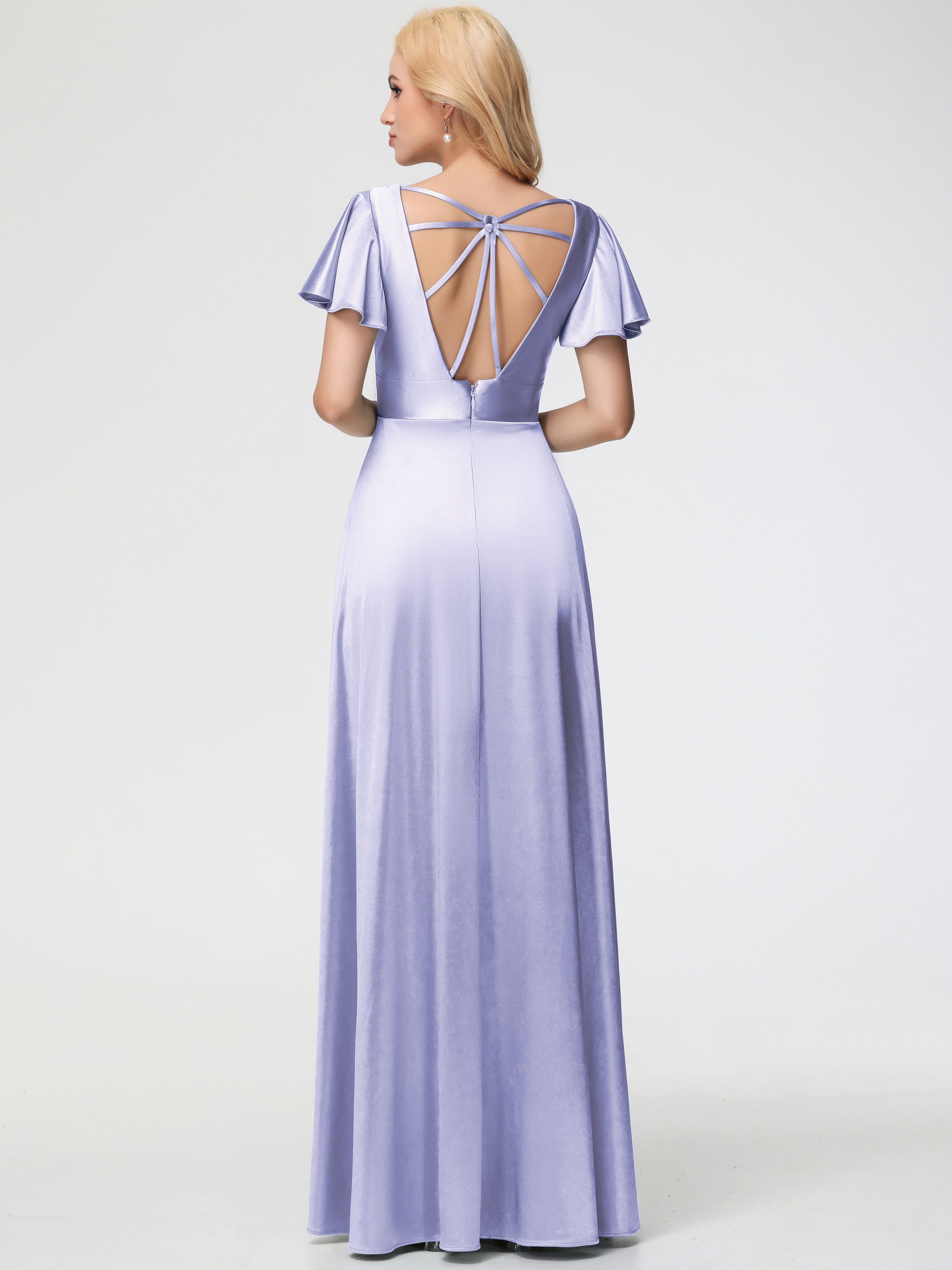 Robes De Demoiselle D'Honneur Lavande Col V Manches à Volants Fendue Trapèze Satin Extensible Robe De Demoiselle D'Honneur