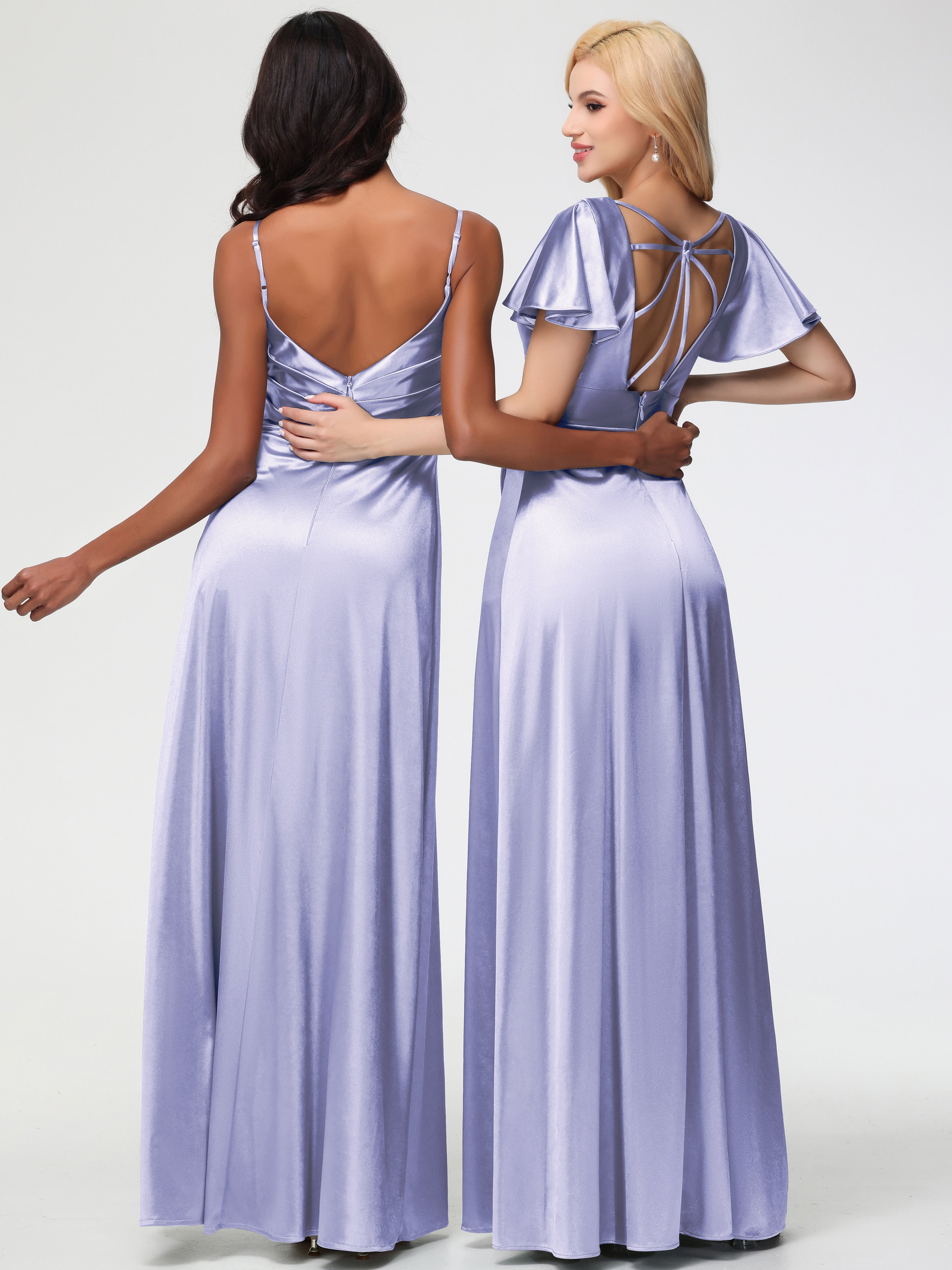 Robes De Demoiselle D'Honneur Lavande Col V Manches à Volants Fendue Trapèze Satin Extensible Robe De Demoiselle D'Honneur