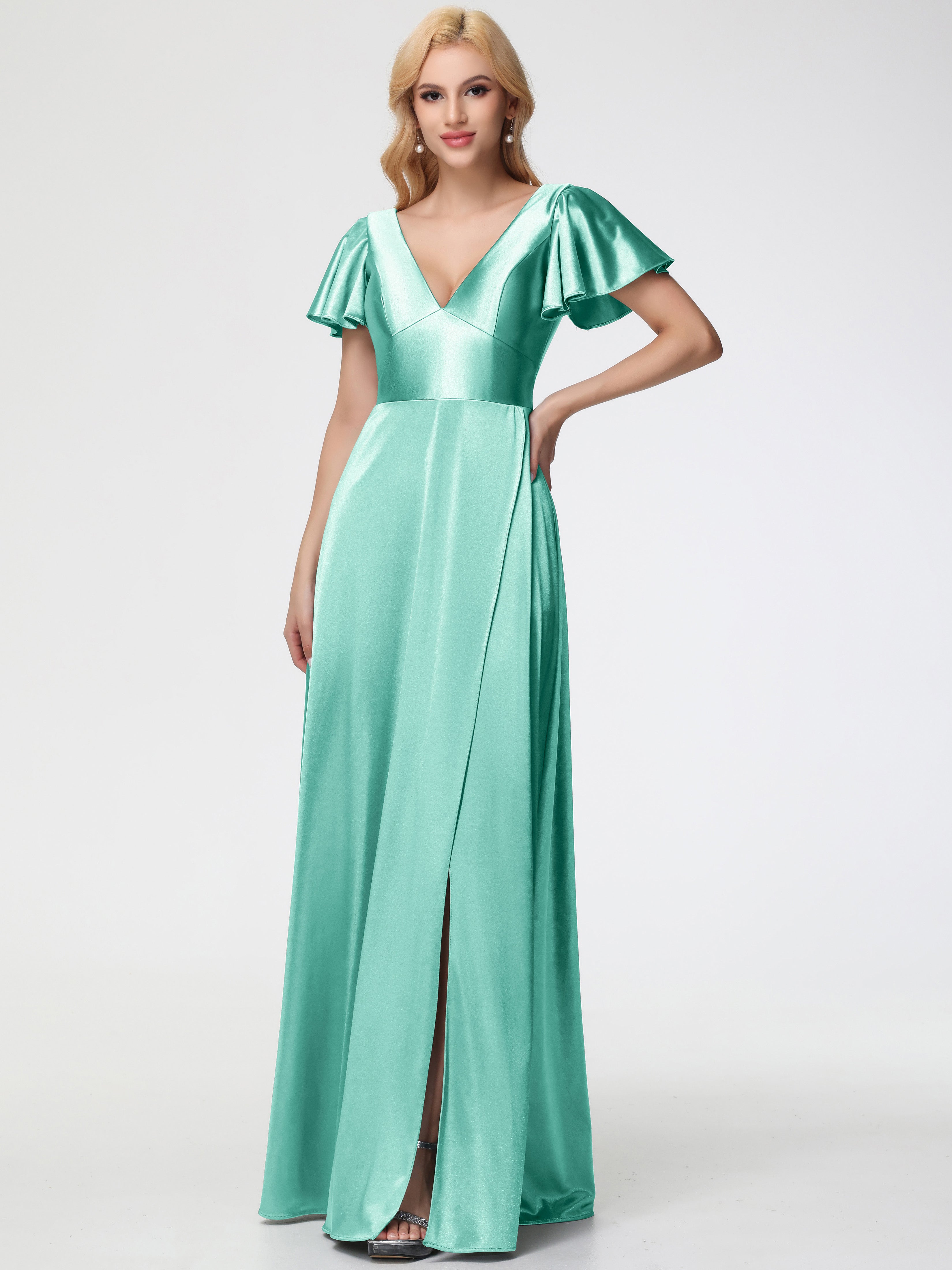 Robes De Demoiselle D'Honneur Vert Menthe Col V Manches à Volants Fendue Trapèze Satin Extensible Robe De Demoiselle D'Honneur