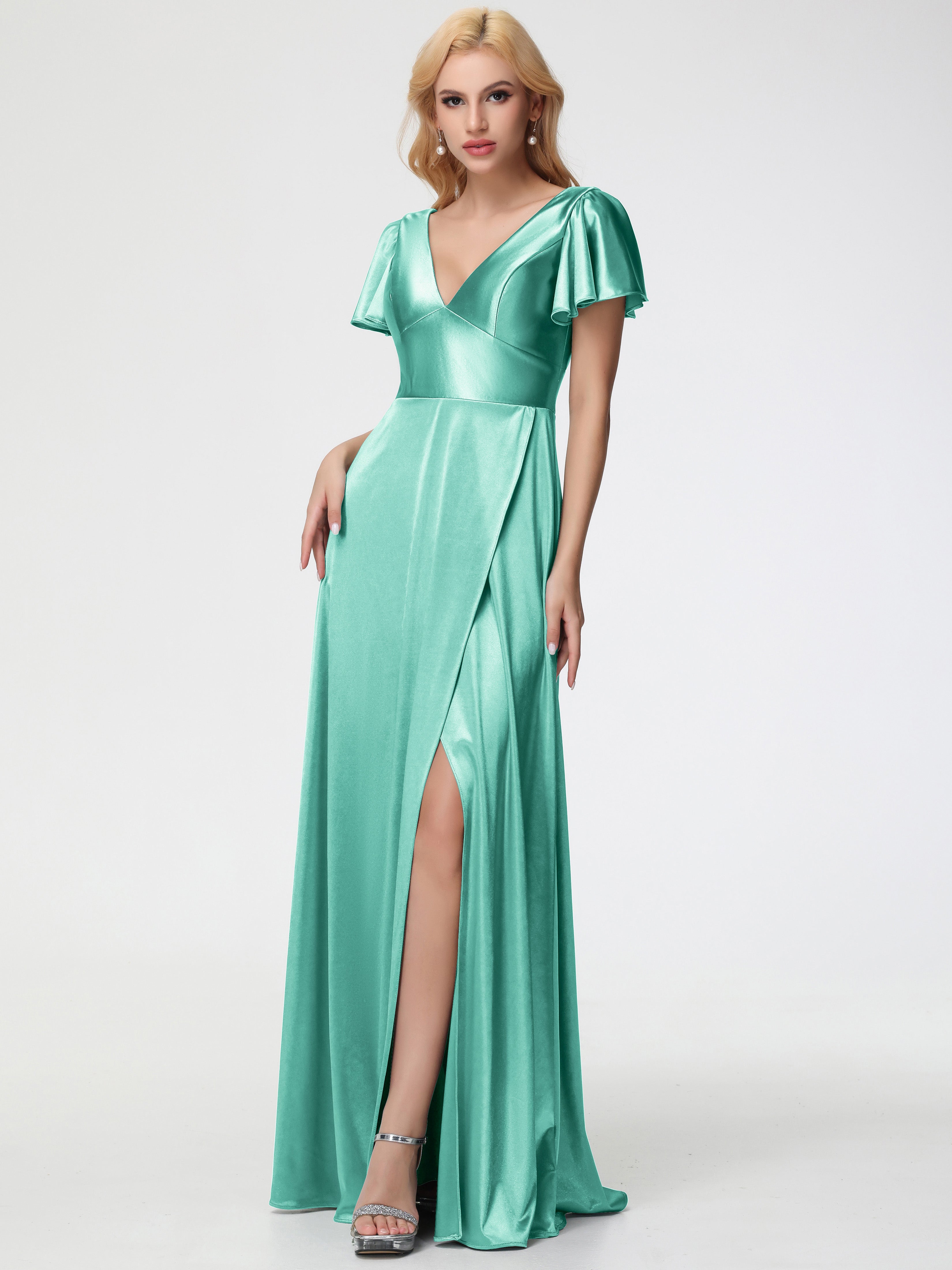 Robes De Demoiselle D'Honneur Vert Menthe Col V Manches à Volants Fendue Trapèze Satin Extensible Robe De Demoiselle D'Honneur