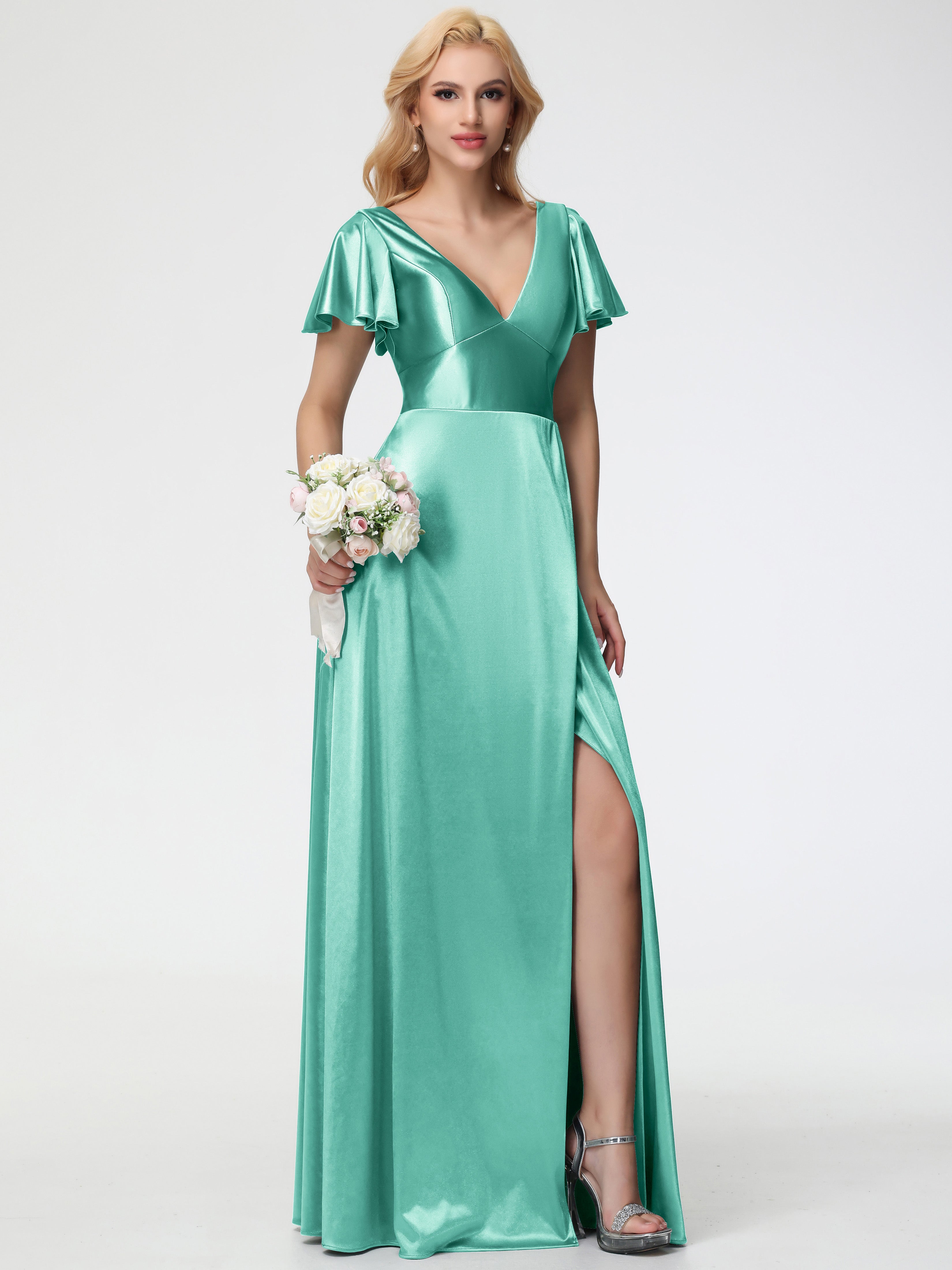 Robes De Demoiselle D'Honneur Vert Menthe Col V Manches à Volants Fendue Trapèze Satin Extensible Robe De Demoiselle D'Honneur