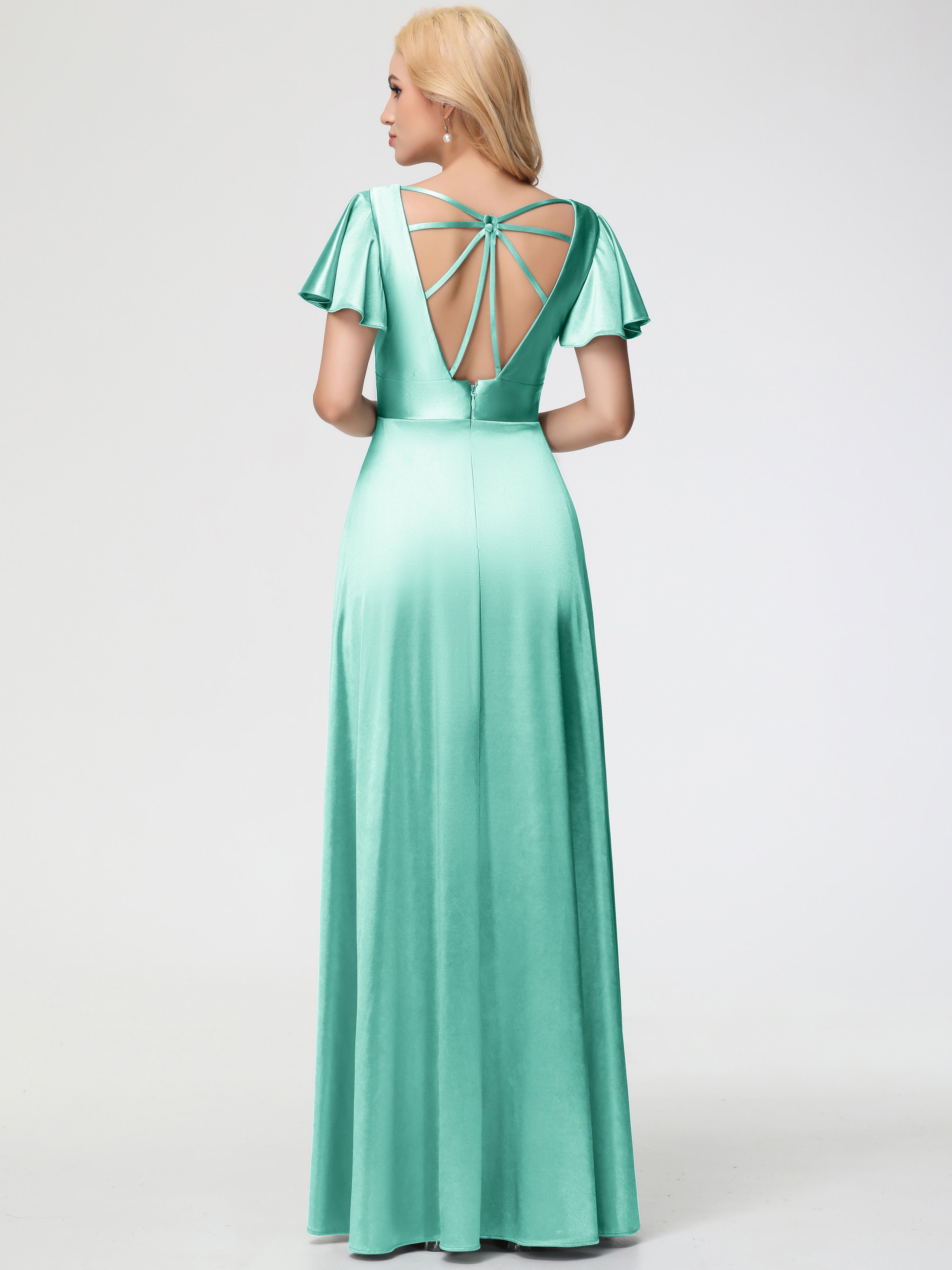 Robes De Demoiselle D'Honneur Vert Menthe Col V Manches à Volants Fendue Trapèze Satin Extensible Robe De Demoiselle D'Honneur