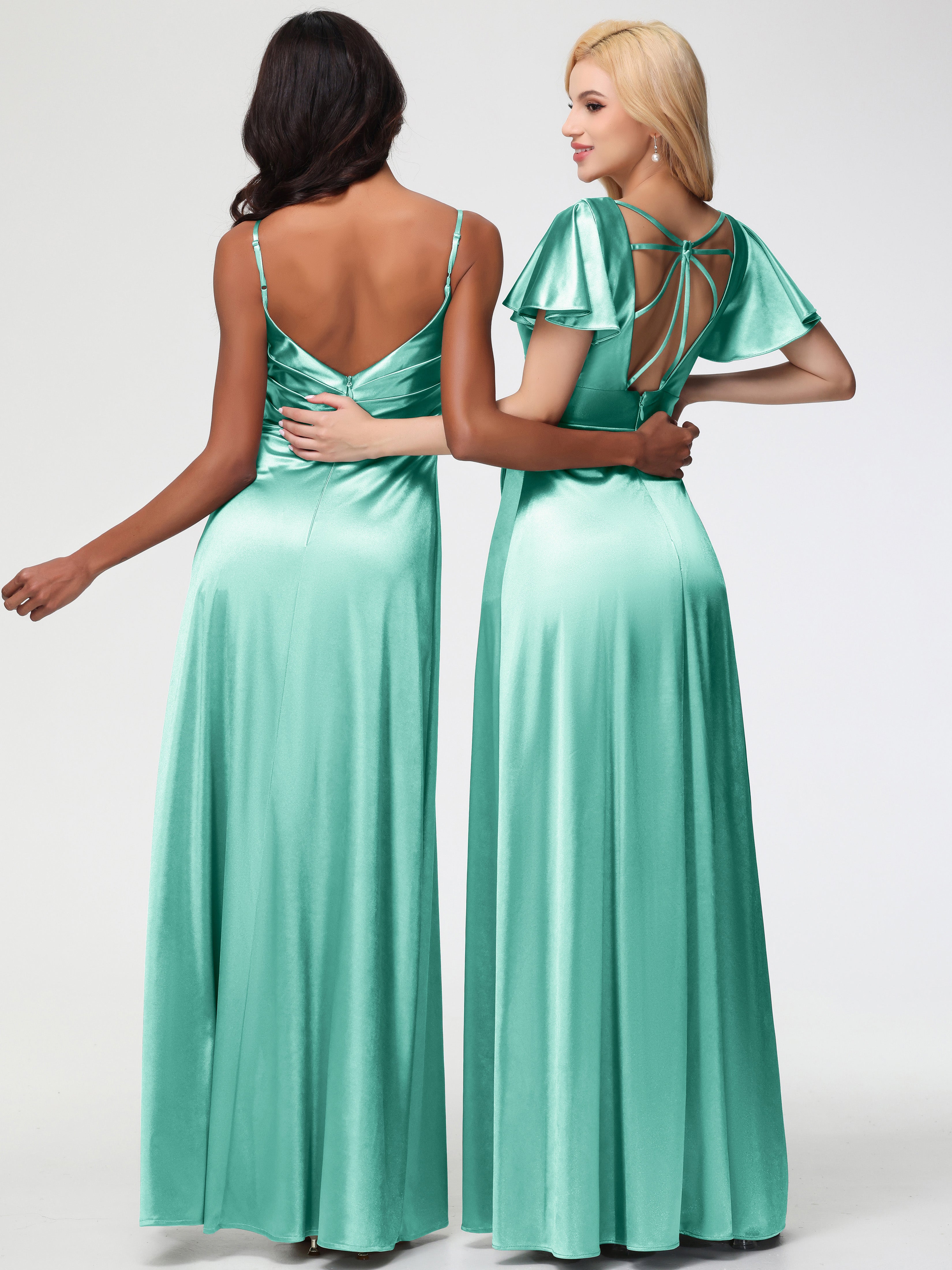 Robes De Demoiselle D'Honneur Vert Menthe Col V Manches à Volants Fendue Trapèze Satin Extensible Robe De Demoiselle D'Honneur