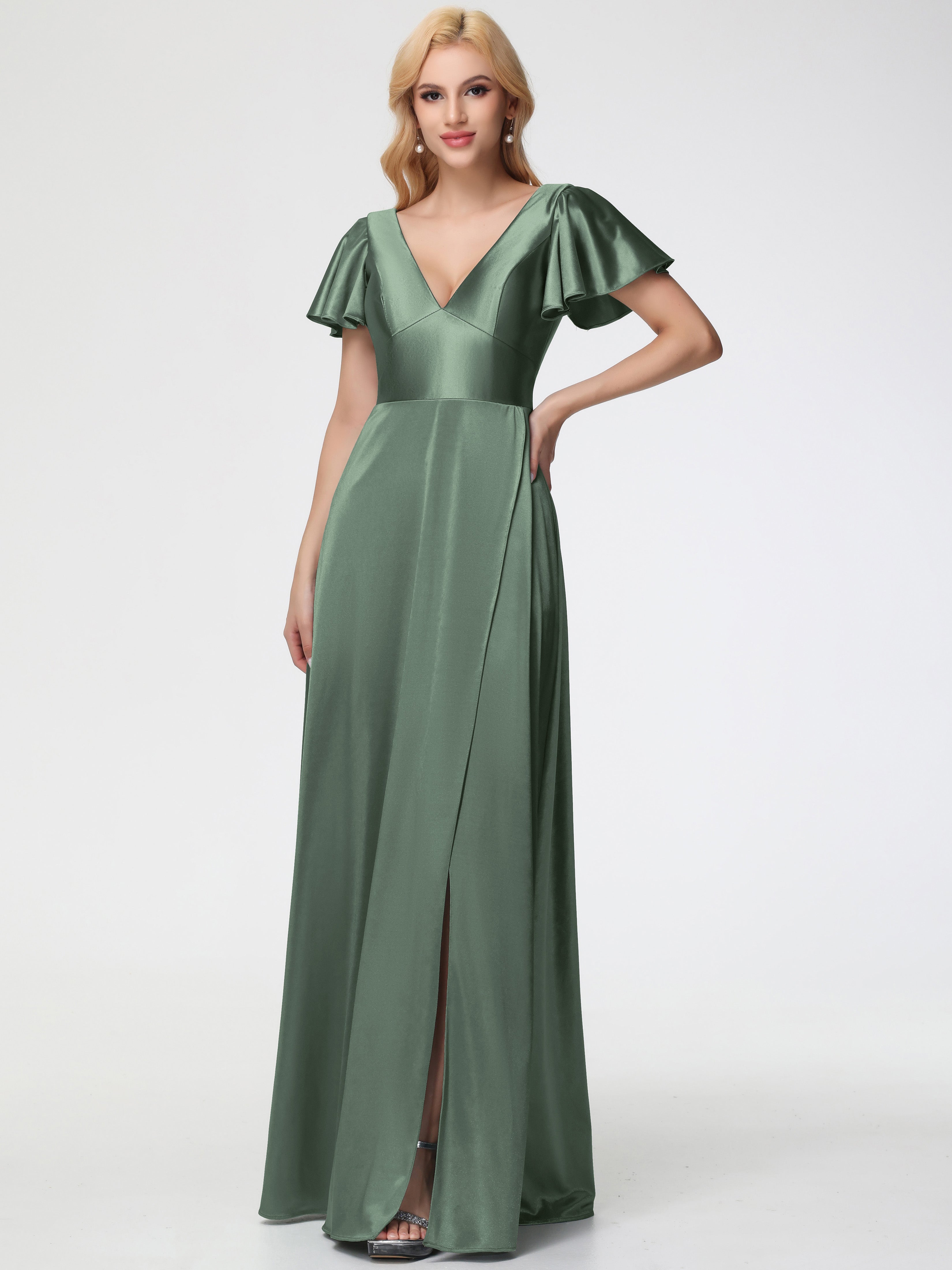 Robes De Demoiselle D'Honneur Vert Olive Col V Manches à Volants Fendue Trapèze Satin Extensible Robe De Demoiselle D'Honneur