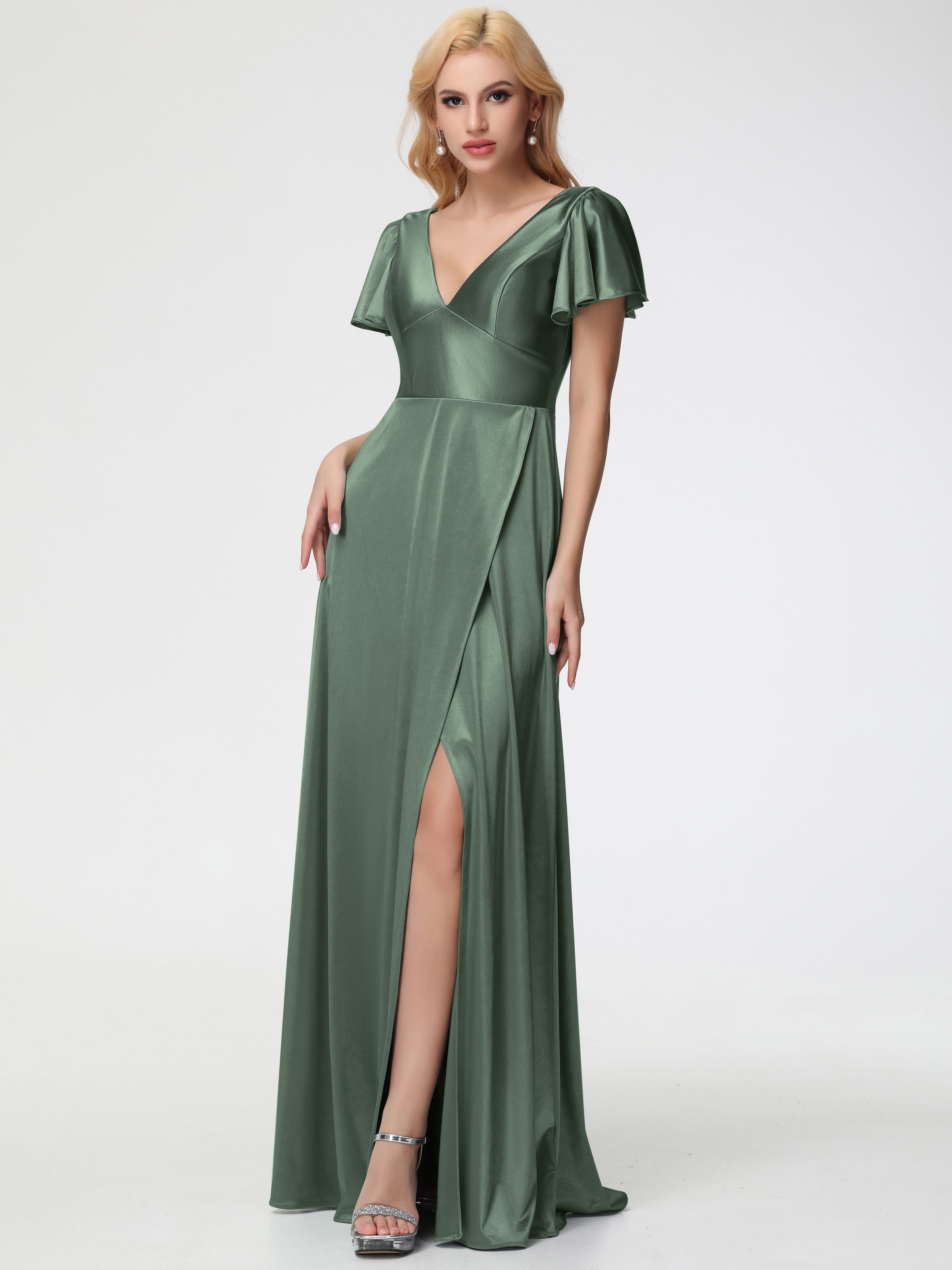 Robes De Demoiselle D'Honneur Vert Olive Col V Manches à Volants Fendue Trapèze Satin Extensible Robe De Demoiselle D'Honneur