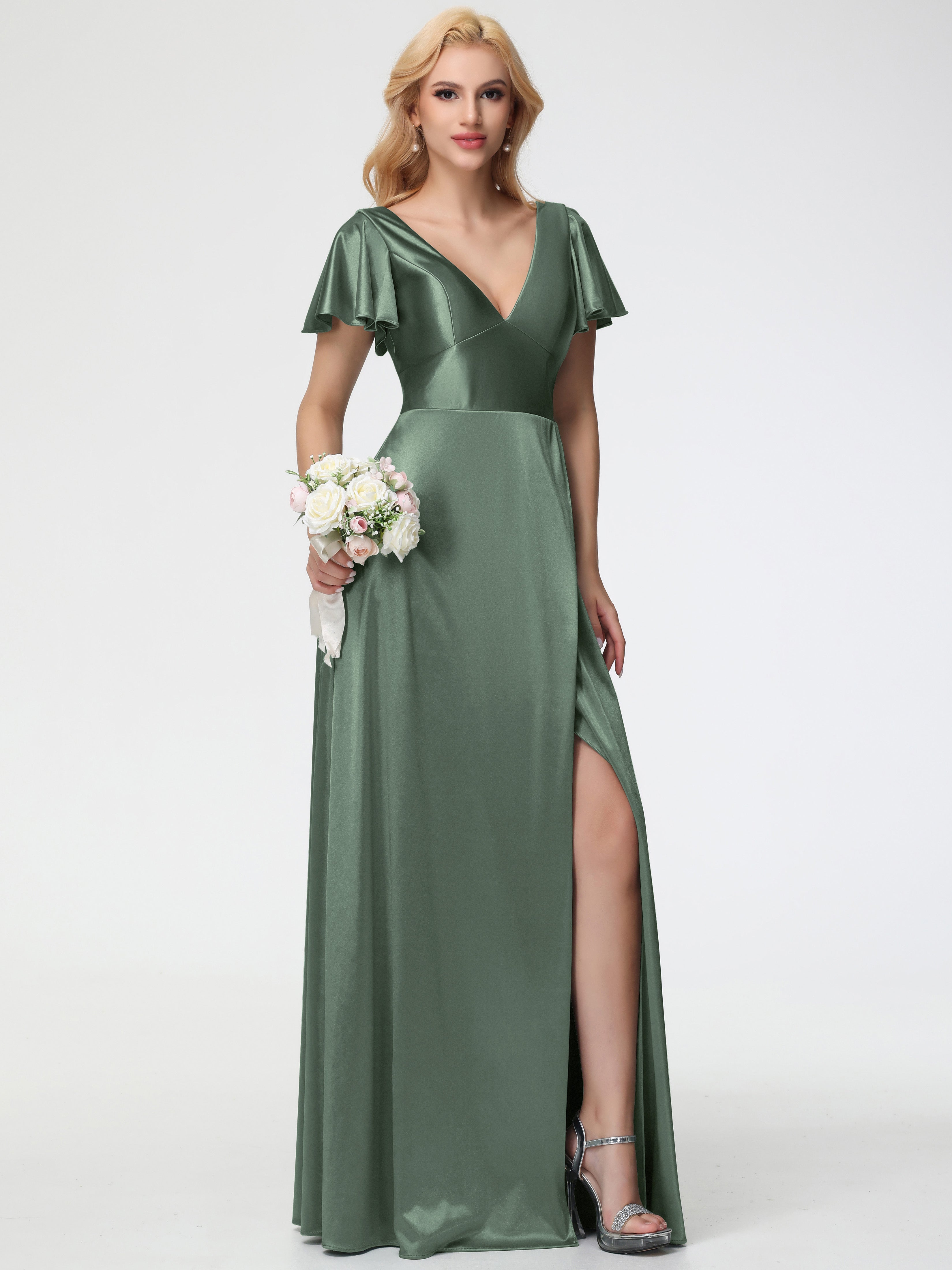 Robes De Demoiselle D'Honneur Vert Olive Col V Manches à Volants Fendue Trapèze Satin Extensible Robe De Demoiselle D'Honneur