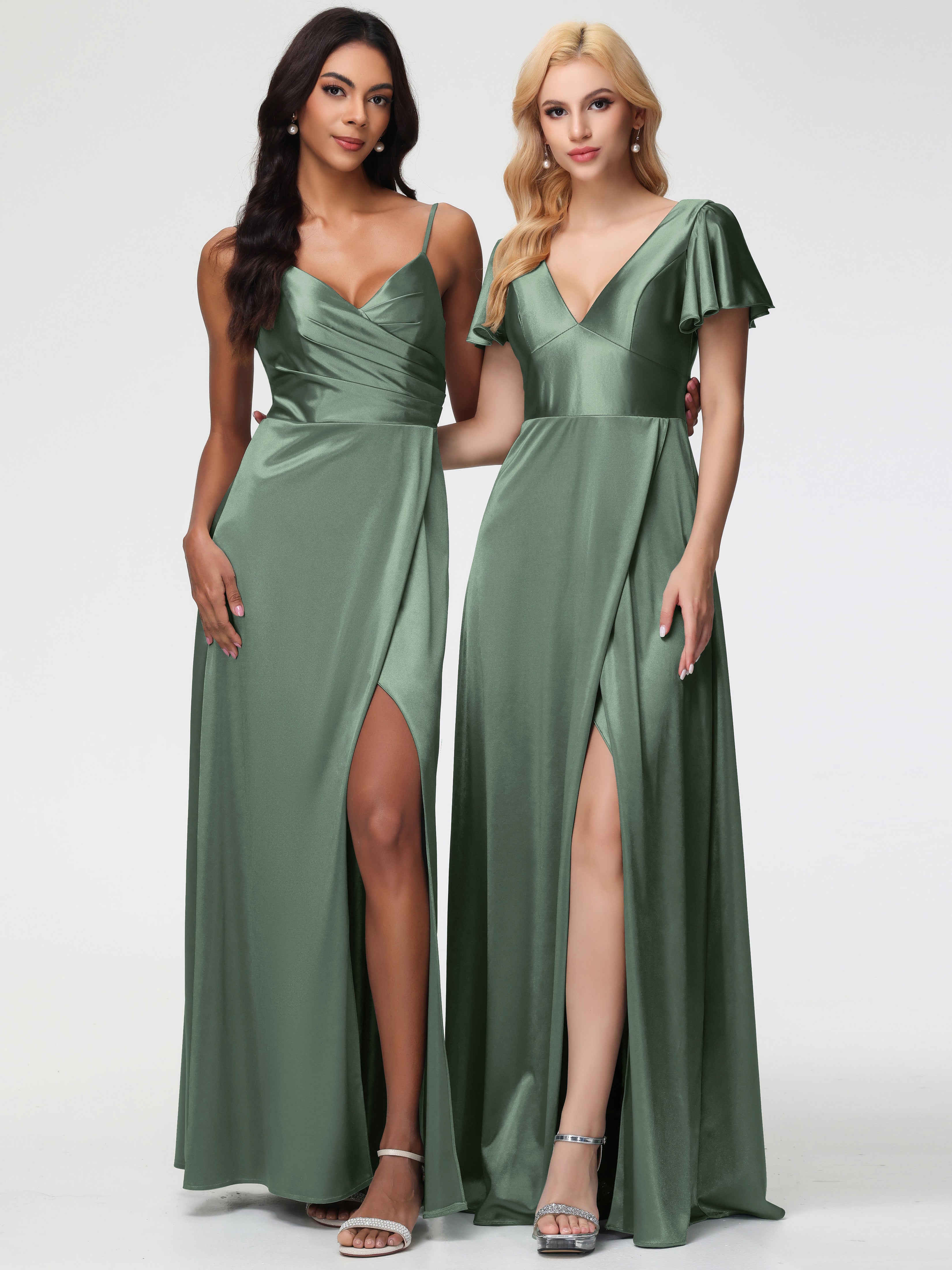 Robes De Demoiselle D'Honneur Vert Olive Col V Manches à Volants Fendue Trapèze Satin Extensible Robe De Demoiselle D'Honneur