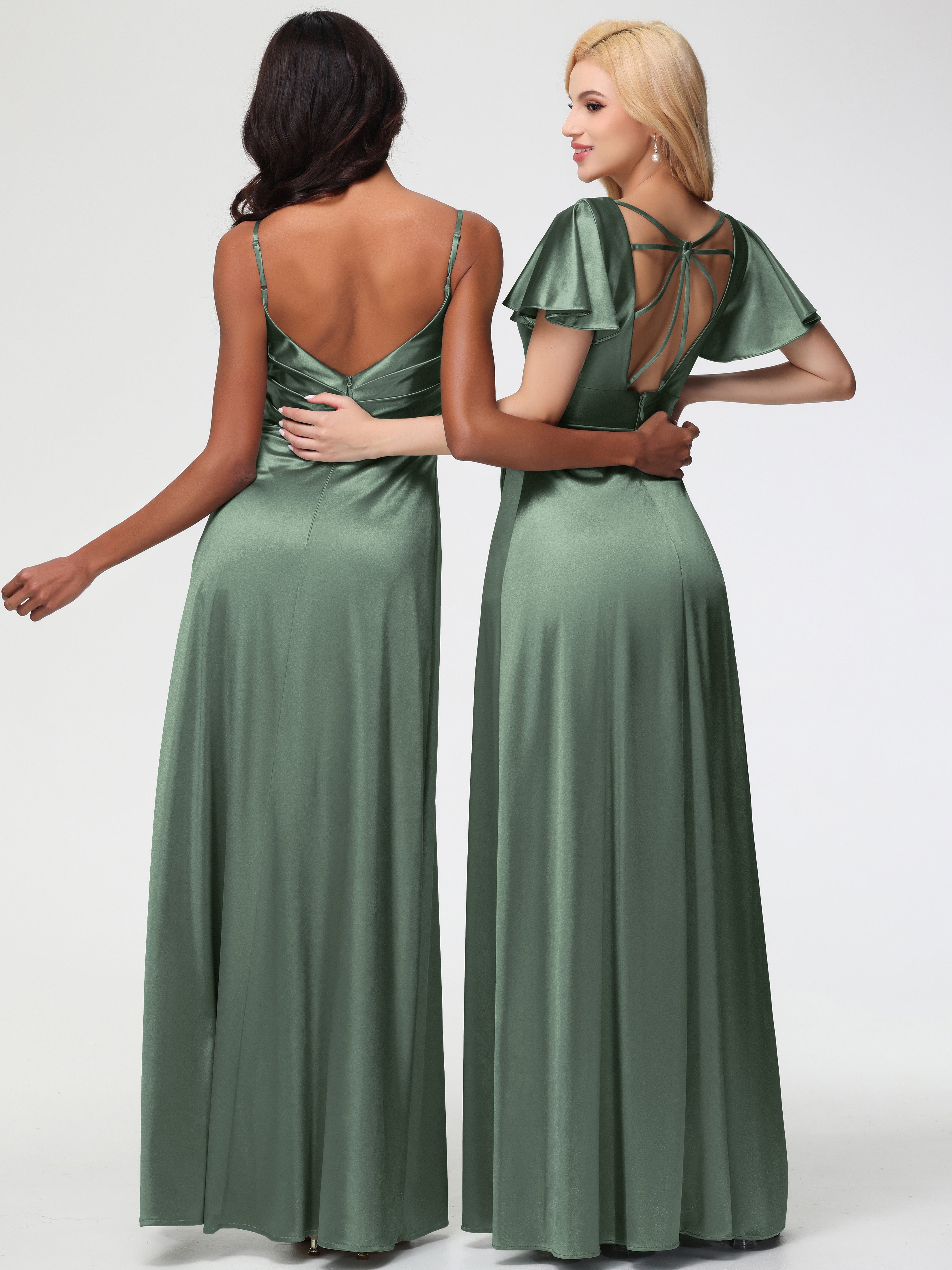 Robes De Demoiselle D'Honneur Vert Olive Col V Manches à Volants Fendue Trapèze Satin Extensible Robe De Demoiselle D'Honneur