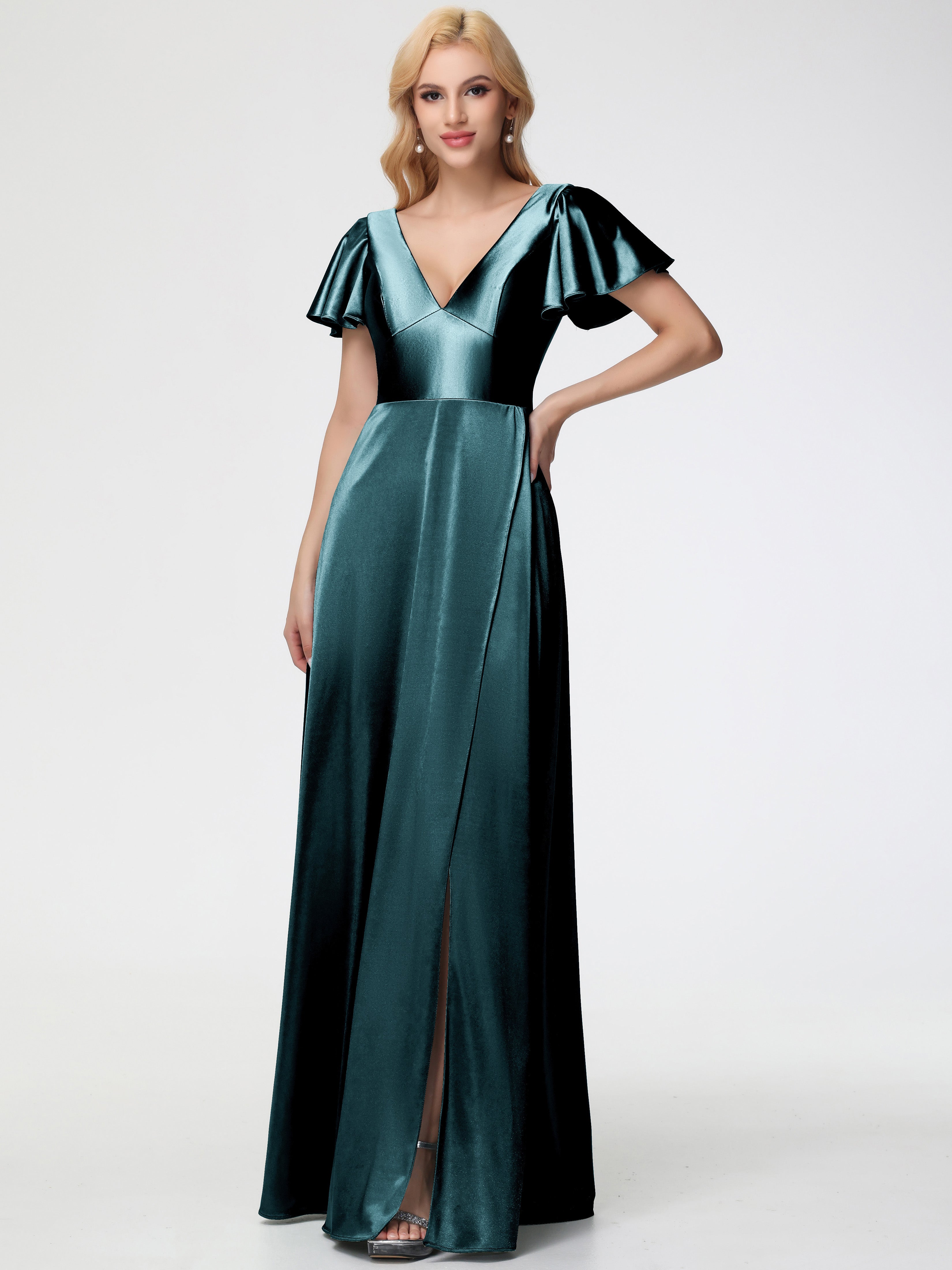 Robes De Demoiselle D'Honneur Couleur Paon Bon Marché Col V Manches à Volants Fendue Trapèze Satin Extensible Robe De Demoiselle D'Honneur